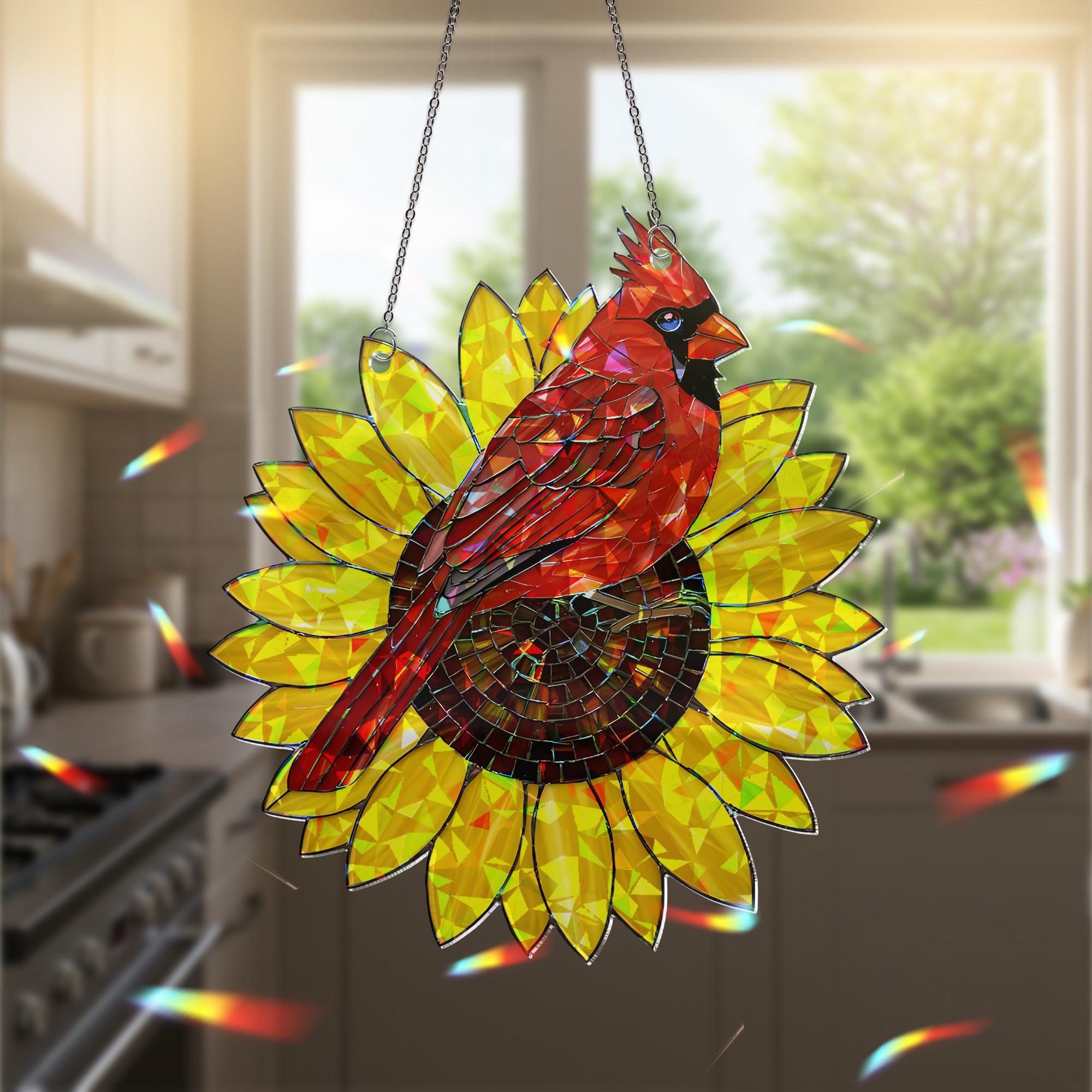 Cardinal and Sunflower Acrylic Hologram Window Hanging, Memorial Gift, Bird Lover Decor, Stained Glass Style Suncatcher, Cardinal Decor