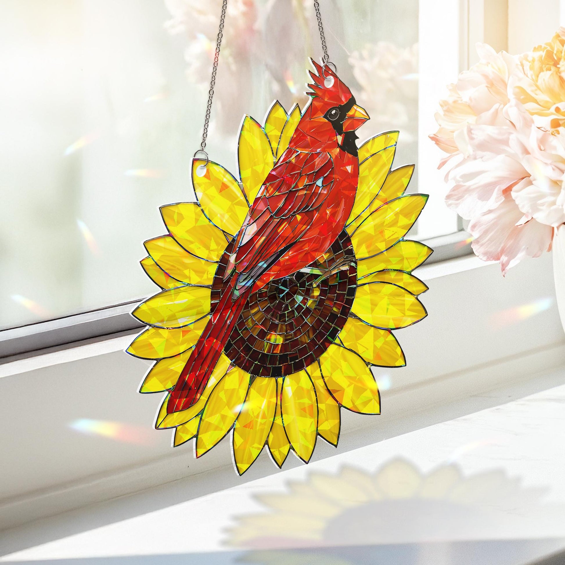 Cardinal and Sunflower Acrylic Hologram Window Hanging, Memorial Gift, Bird Lover Decor, Stained Glass Style Suncatcher, Cardinal Decor