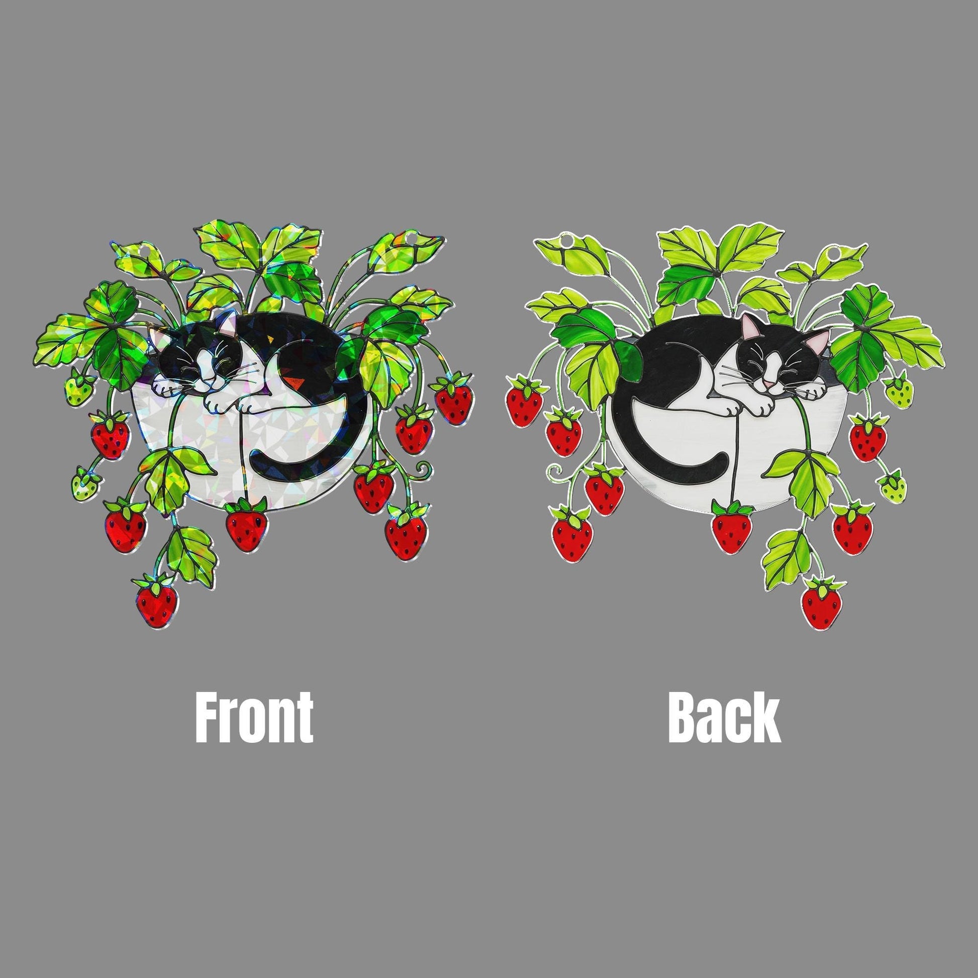 Tuxedo Cat Strawberry Hologram Ornament, Black and White Cat Sleeping in Strawberry Plant Pot ACRYLIC Window Hanging, Garden Decor Cat Lover