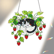 Tuxedo Cat Strawberry Hologram Ornament, Black and White Cat Sleeping in Strawberry Plant Pot ACRYLIC Window Hanging, Garden Decor Cat Lover