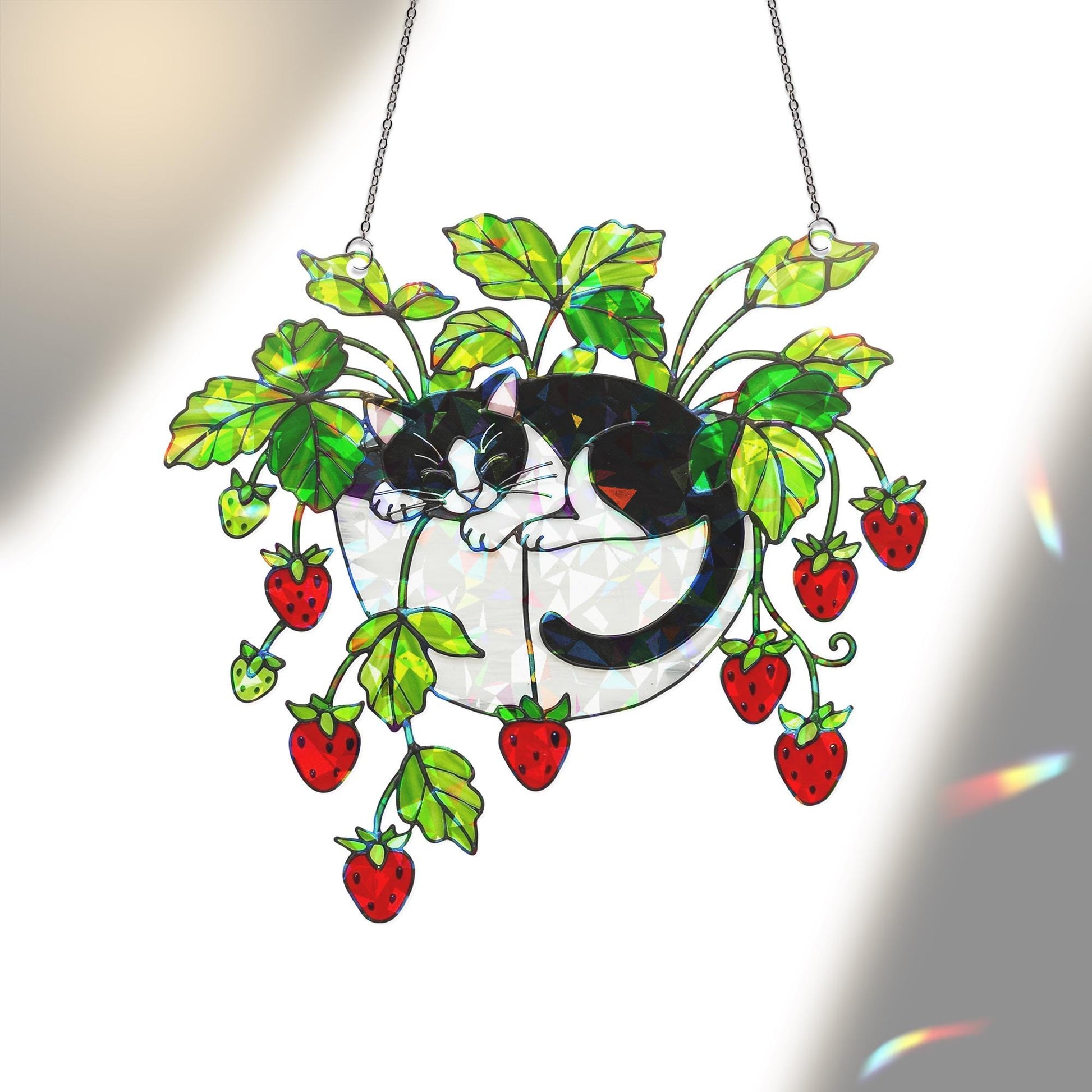 Tuxedo Cat Strawberry Hologram Ornament, Black and White Cat Sleeping in Strawberry Plant Pot ACRYLIC Window Hanging, Garden Decor Cat Lover