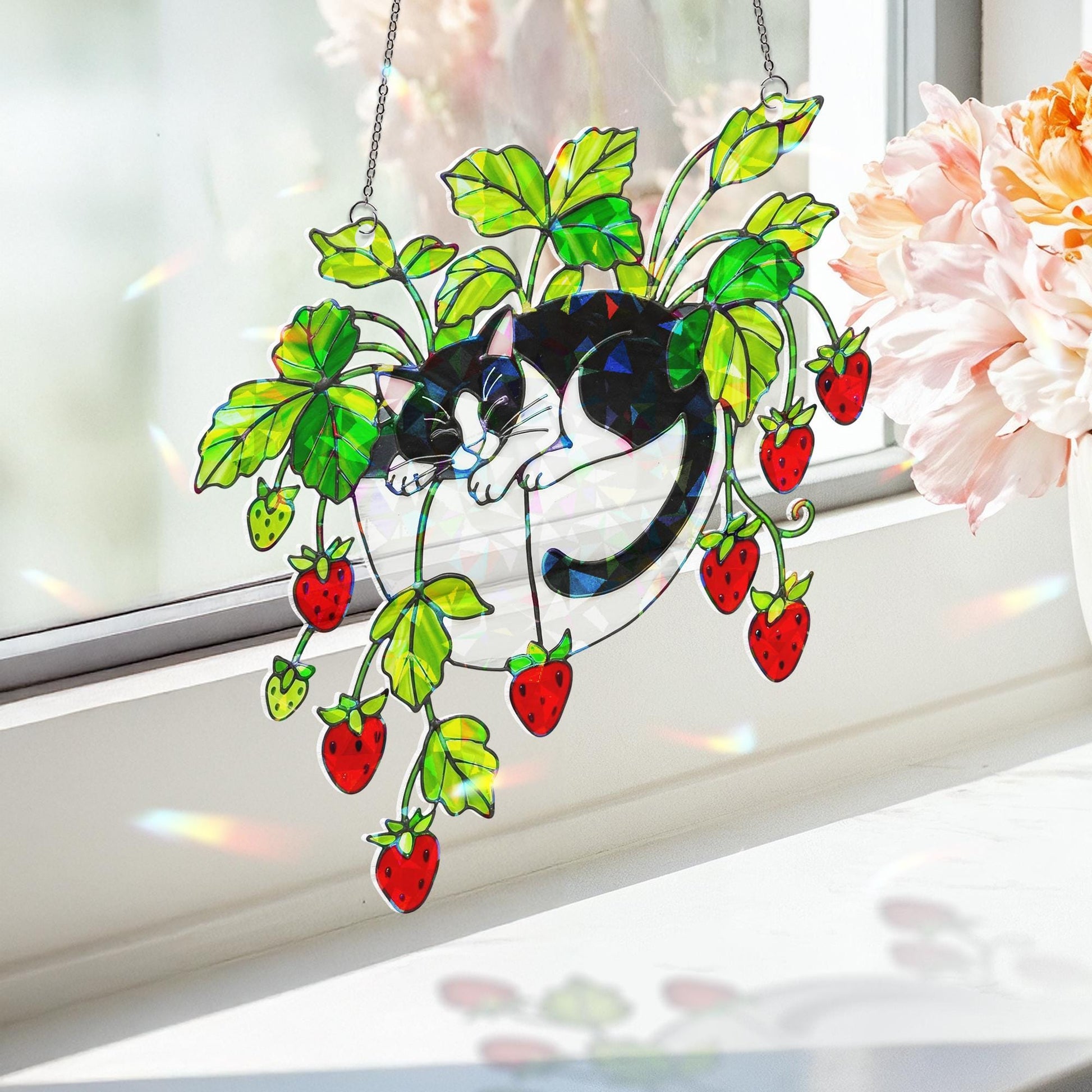 Tuxedo Cat Strawberry Hologram Ornament, Black and White Cat Sleeping in Strawberry Plant Pot ACRYLIC Window Hanging, Garden Decor Cat Lover