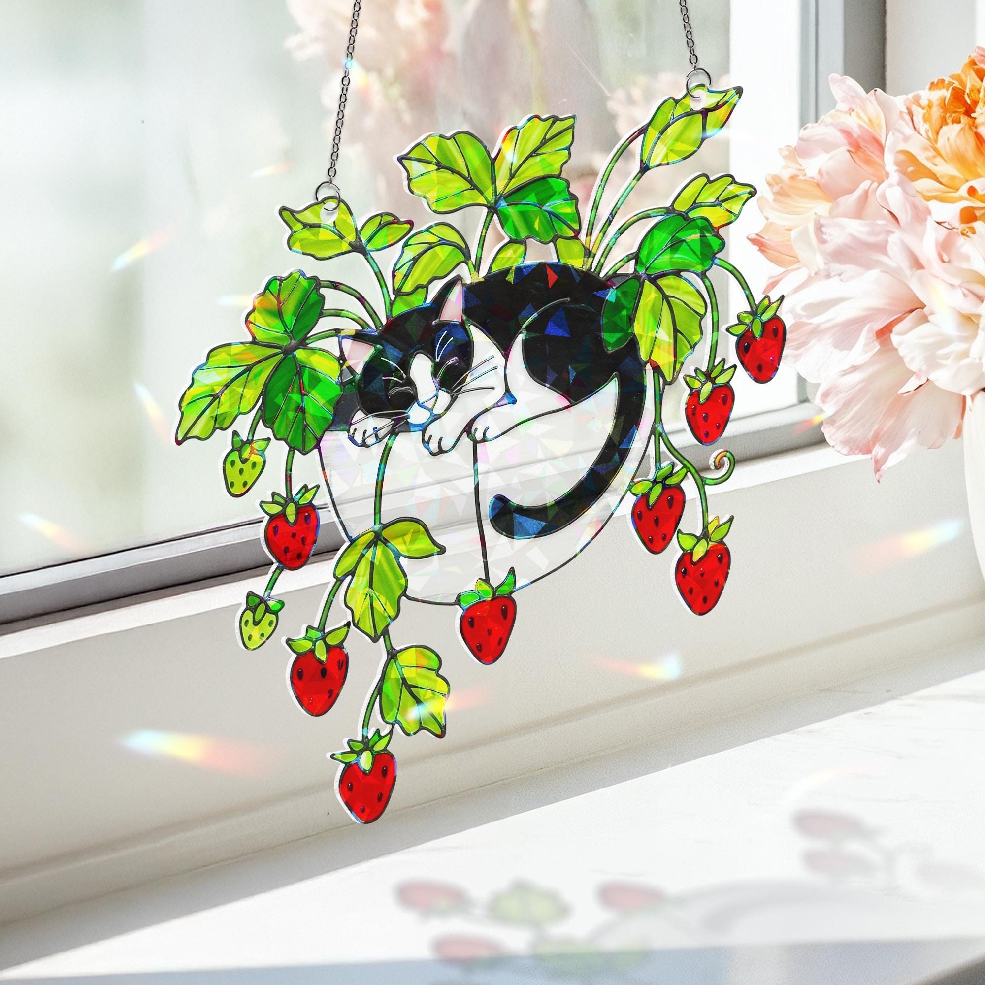 Tuxedo Cat Strawberry Hologram Ornament, Black and White Cat Sleeping in Strawberry Plant Pot ACRYLIC Window Hanging, Garden Decor Cat Lover