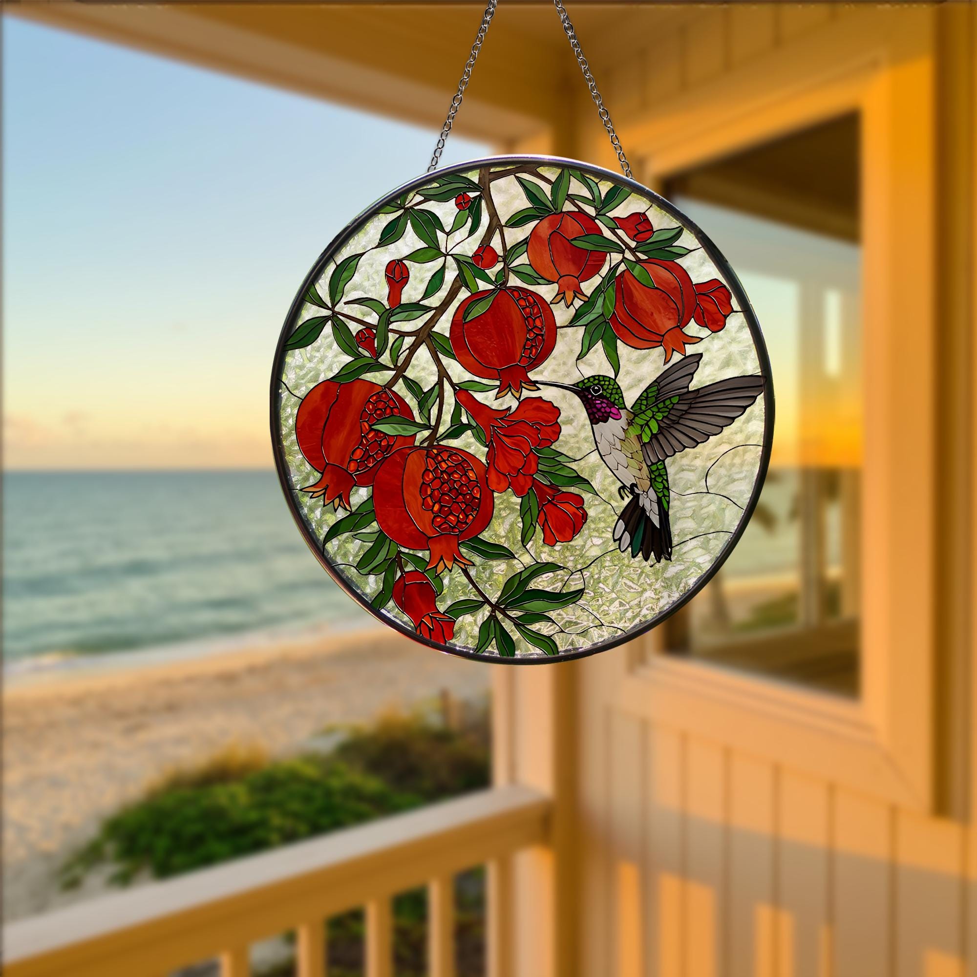 Hummingbird With Pomegranate glass suncatcher, pomegranate stained glass art, gift for mom, hummingbird decor, Mother's Day window hanging