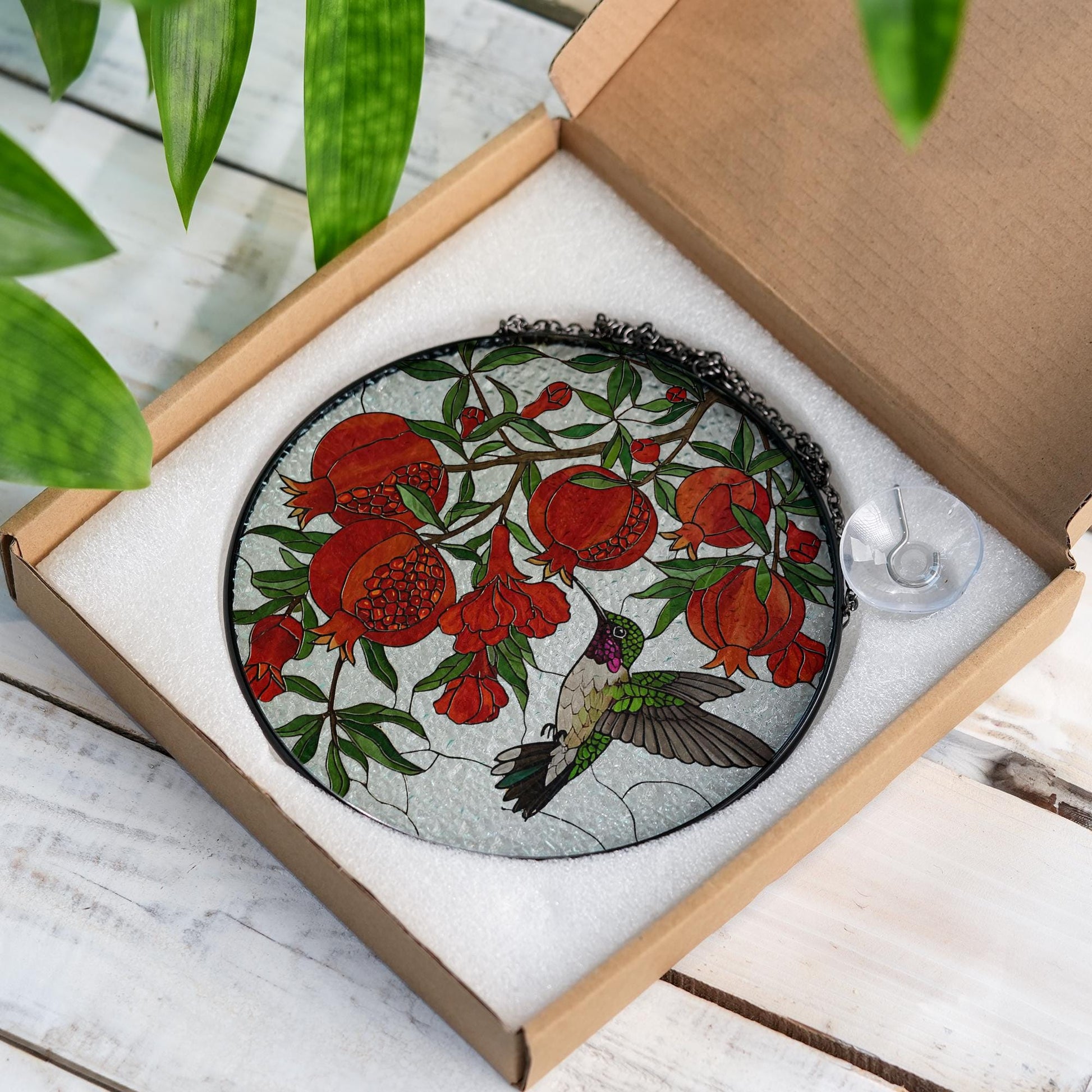 Hummingbird With Pomegranate glass suncatcher, pomegranate stained glass art, gift for mom, hummingbird decor, Mother's Day window hanging