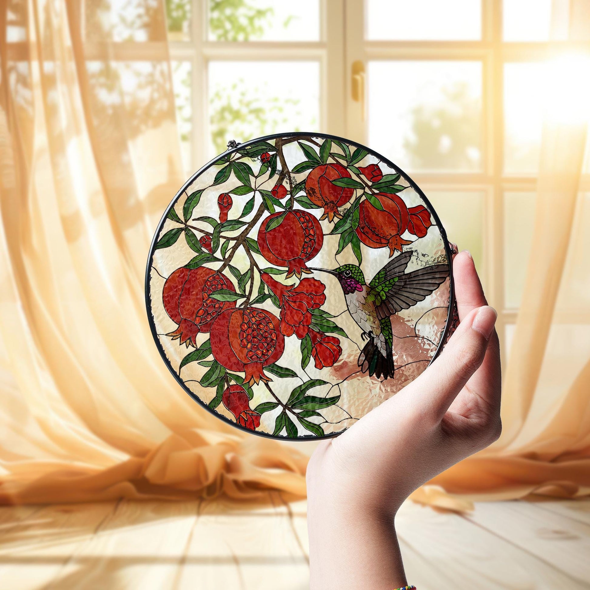 Hummingbird With Pomegranate glass suncatcher, pomegranate stained glass art, gift for mom, hummingbird decor, Mother's Day window hanging