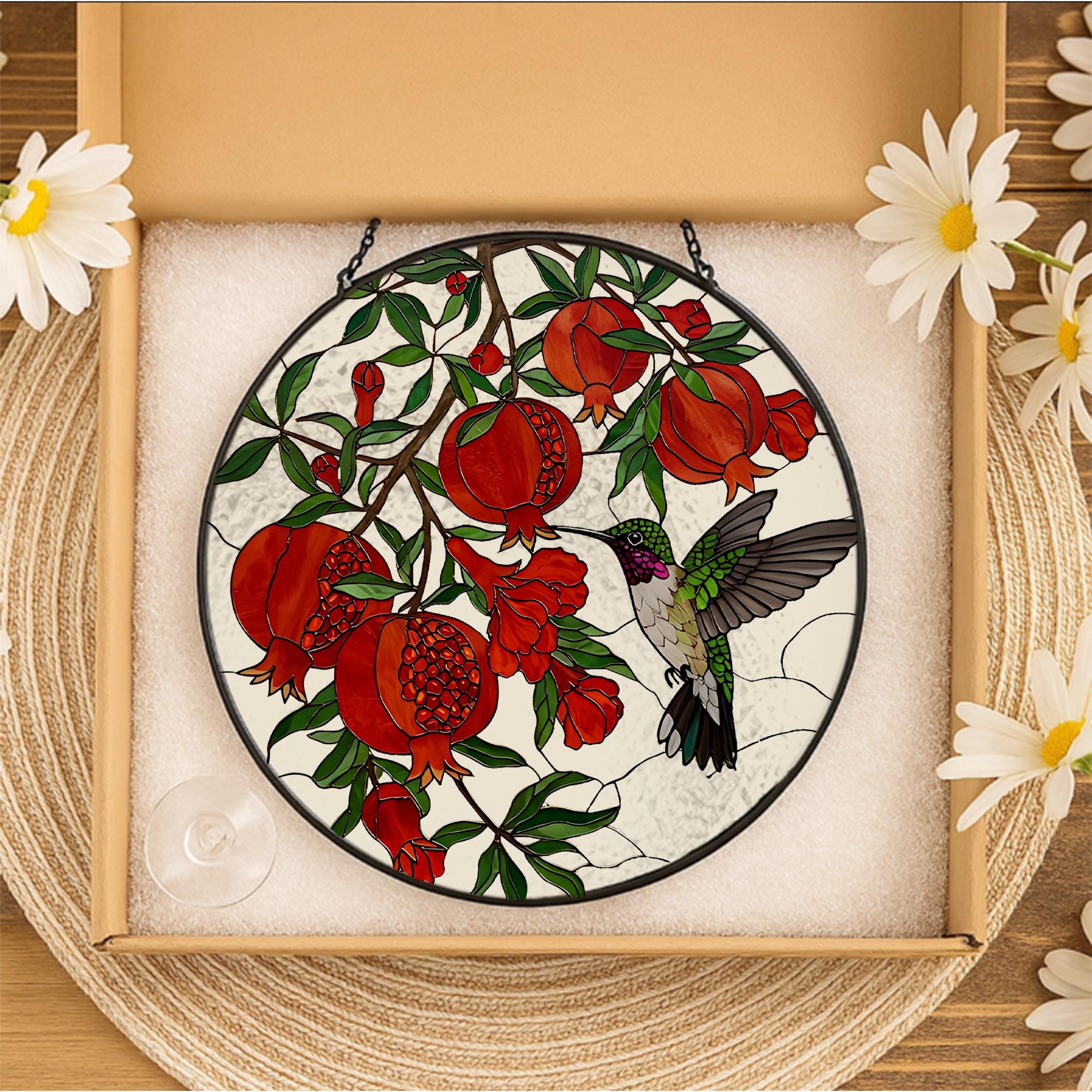 Hummingbird With Pomegranate glass suncatcher, pomegranate stained glass art, gift for mom, hummingbird decor, Mother's Day window hanging