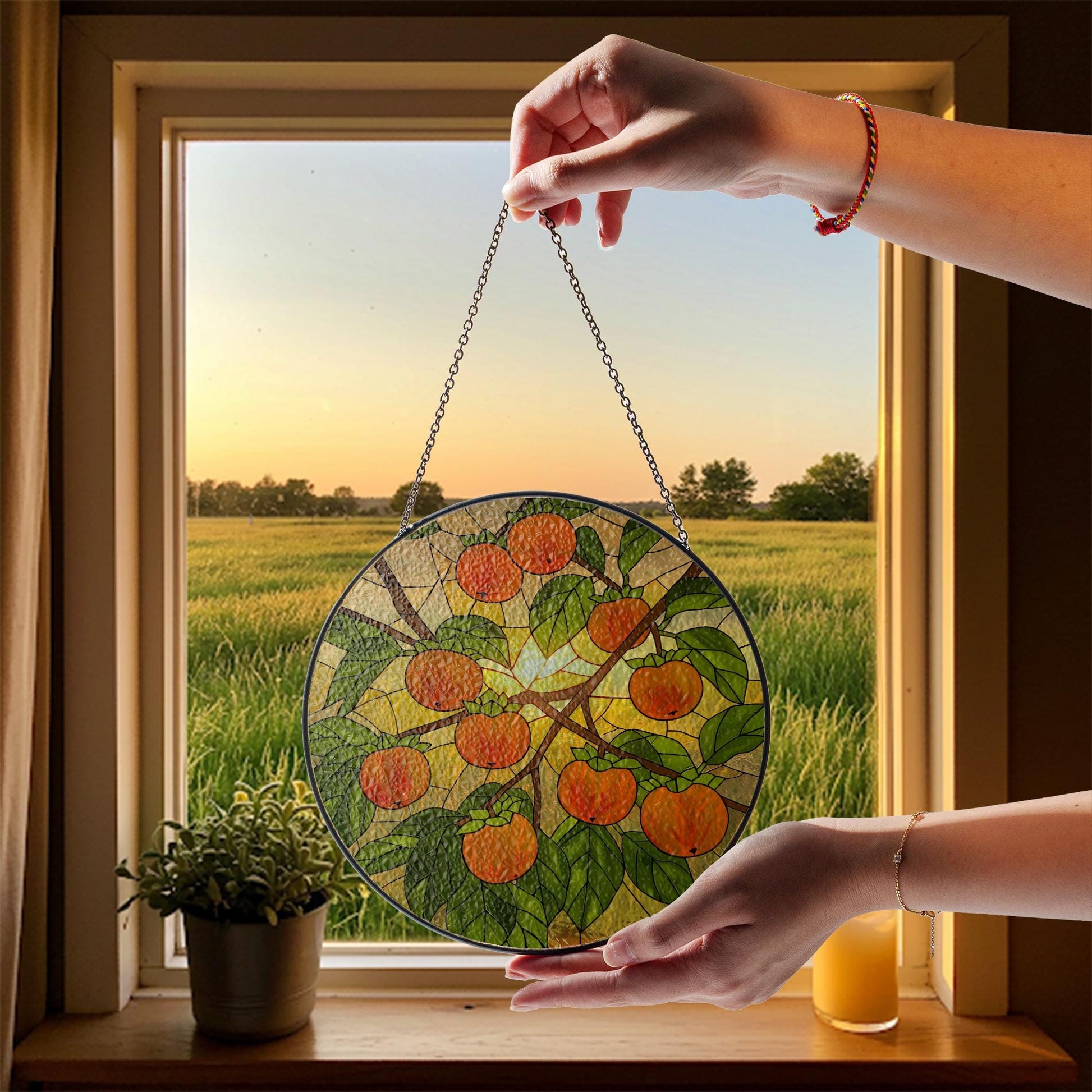 Persimmon glass suncatcher, fruit stained glass art, gift for mom, Mother's Day window decor, nature lover gift, fruit art, kitchen Decor