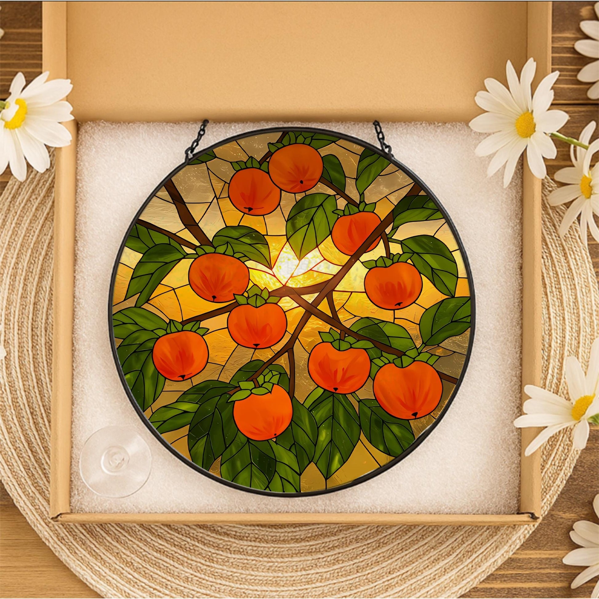Persimmon glass suncatcher, fruit stained glass art, gift for mom, Mother's Day window decor, nature lover gift, fruit art, kitchen Decor