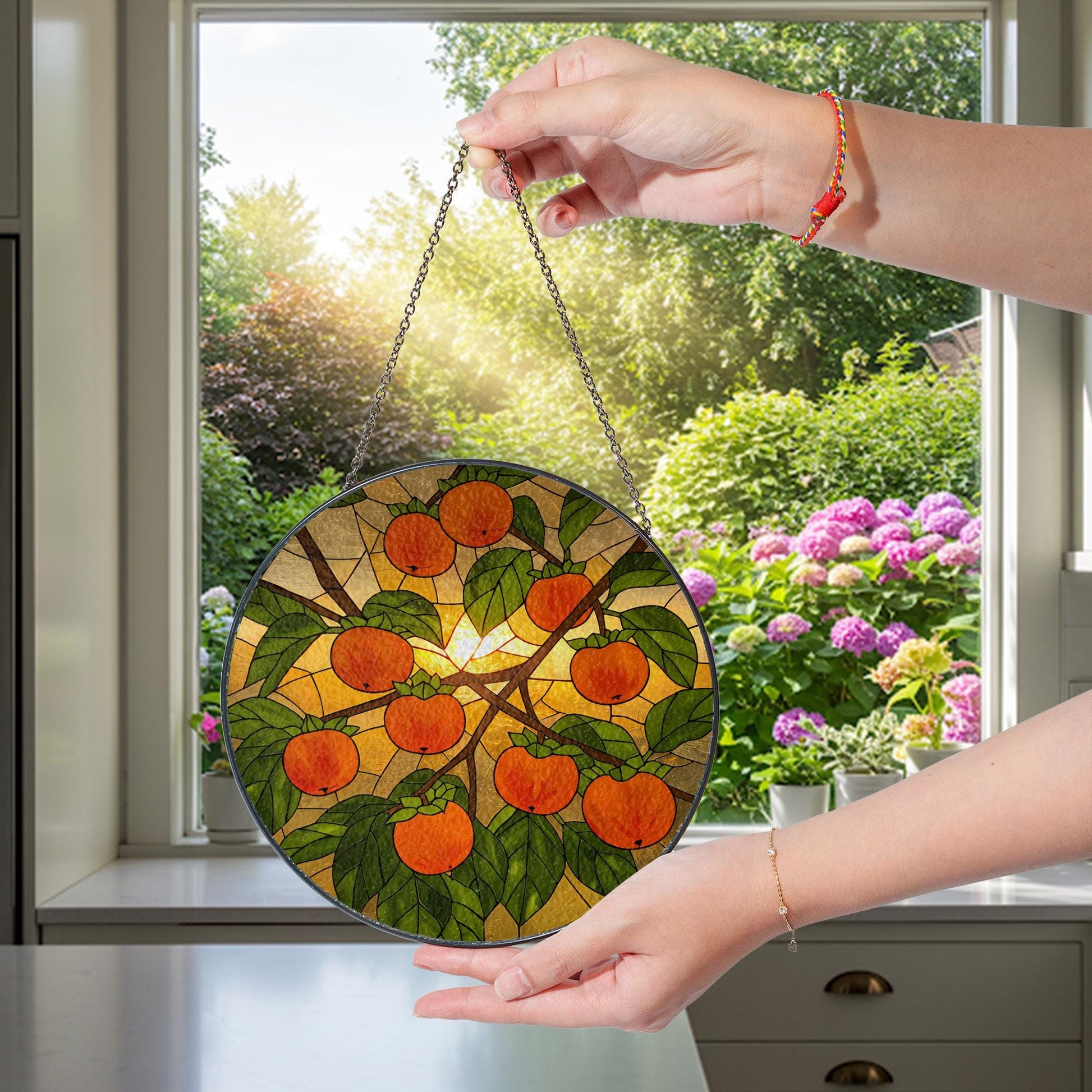 Persimmon glass suncatcher, fruit stained glass art, gift for mom, Mother's Day window decor, nature lover gift, fruit art, kitchen Decor