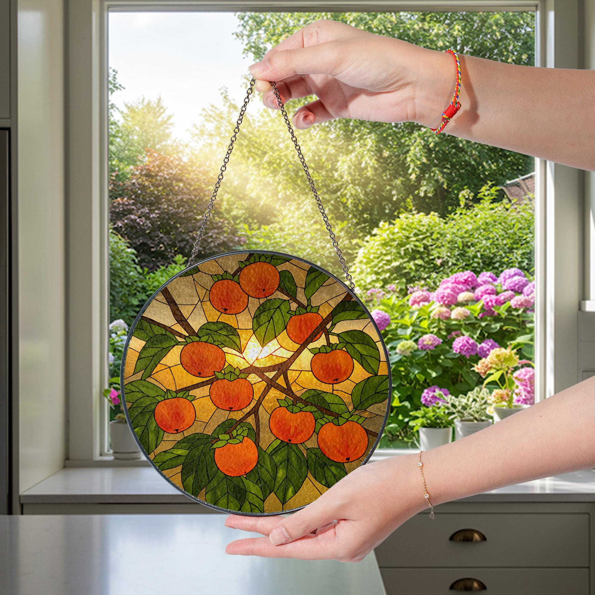 Persimmon glass suncatcher, fruit stained glass art, gift for mom, Mother's Day window decor, nature lover gift, fruit art, kitchen Decor