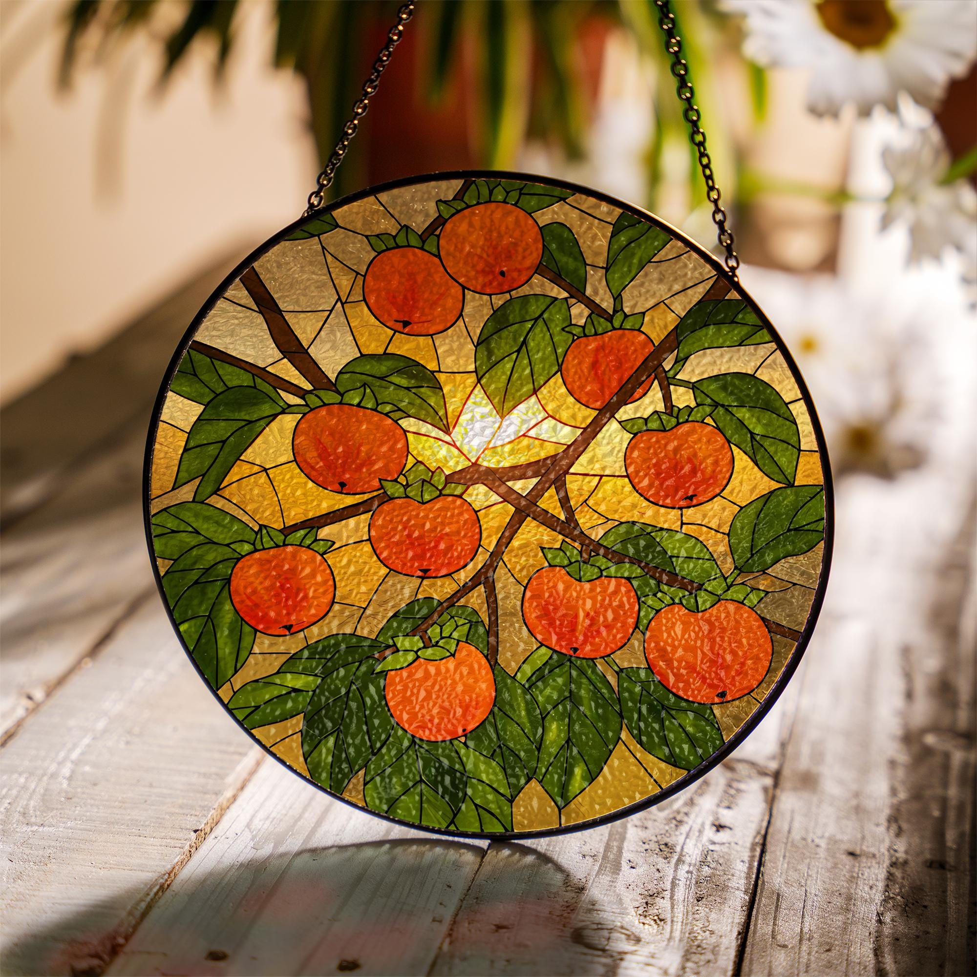 Persimmon glass suncatcher, fruit stained glass art, gift for mom, Mother's Day window decor, nature lover gift, fruit art, kitchen Decor