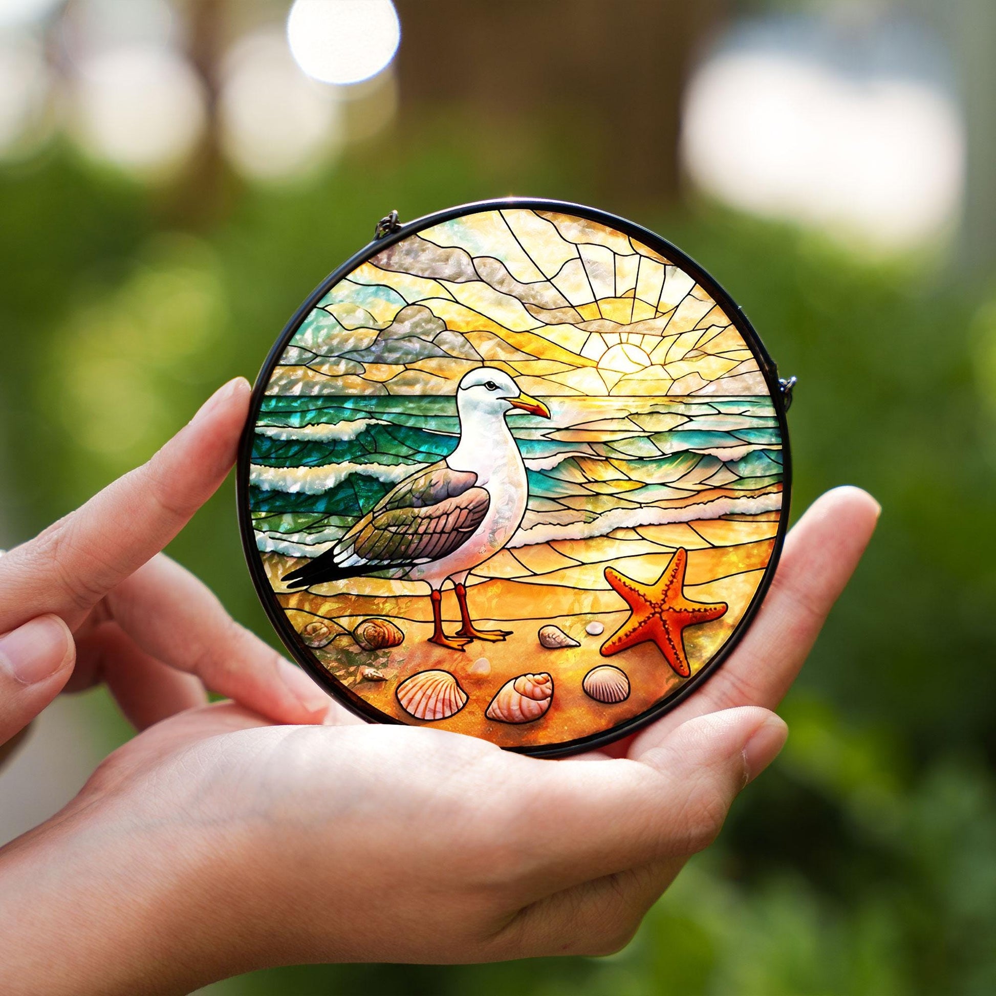 Coastal Seagull Beach Sunset Glass Suncatcher – Ocean Window Decor, Stained Glass Seagull Art, Beach House Gift, Mother's Day Decor