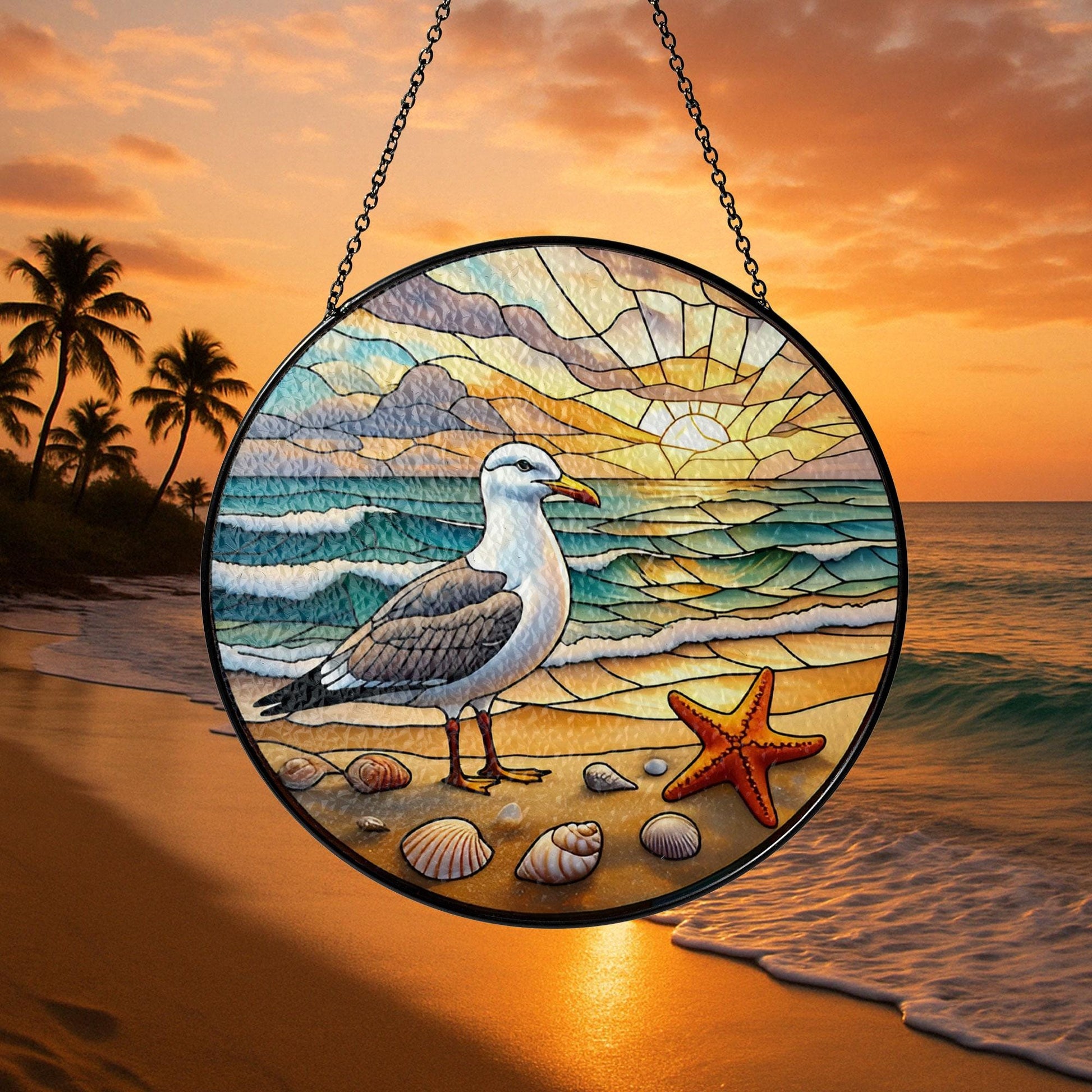 Coastal Seagull Beach Sunset Glass Suncatcher – Ocean Window Decor, Stained Glass Seagull Art, Beach House Gift, Mother's Day Decor