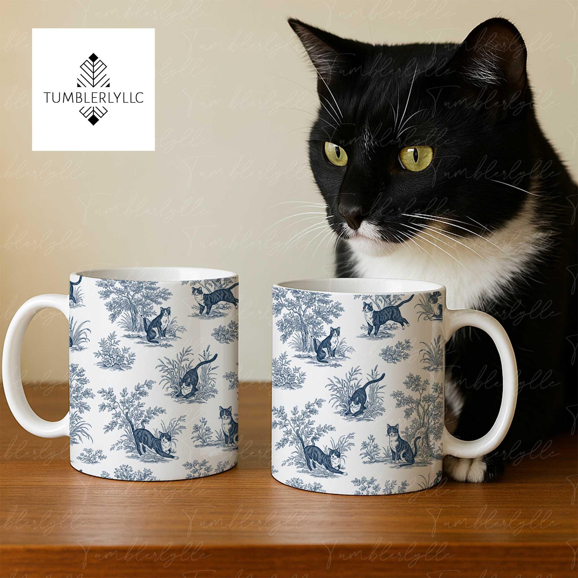 Tuxedo Cat Toile de Jouy Mug – Blue Toile Coffee Cup for Cat Mom, Tuxedo Cat Lover Gift, Elegant Pet Mug, Mother’s Day Gift