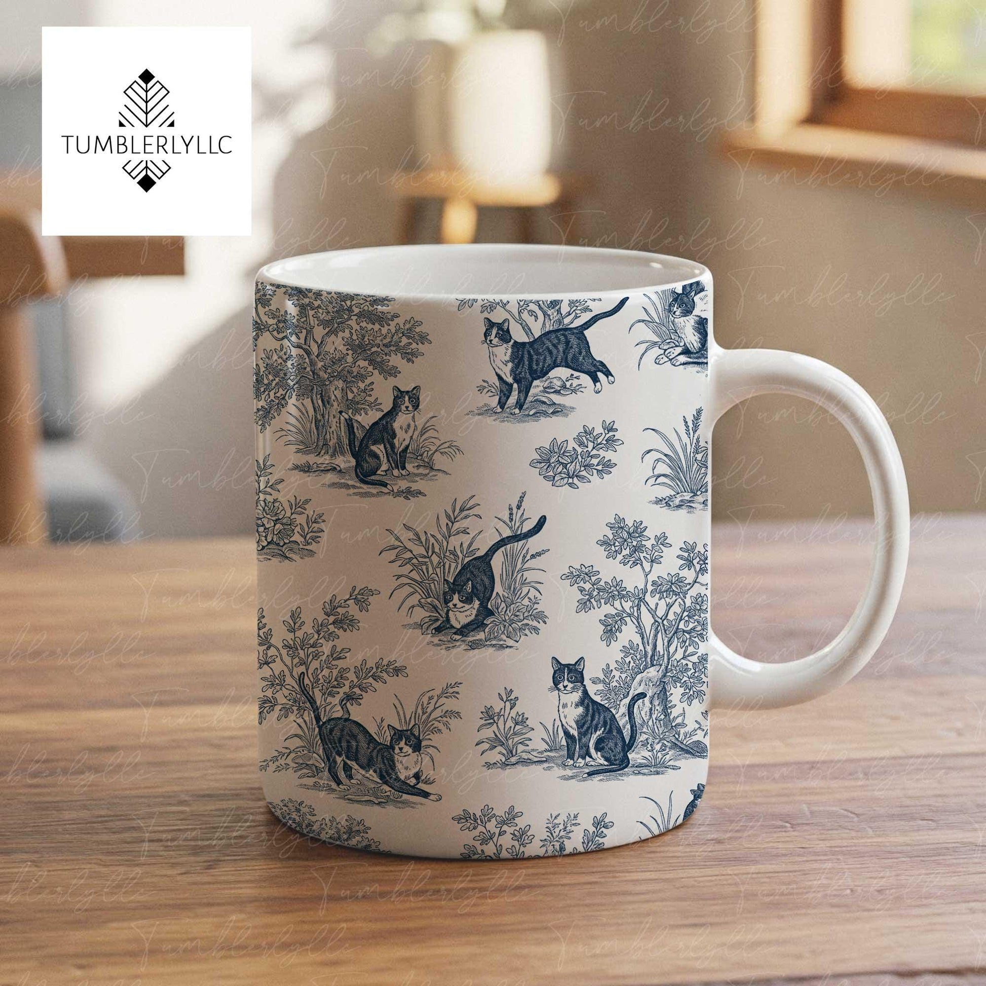 Tuxedo Cat Toile de Jouy Mug – Blue Toile Coffee Cup for Cat Mom, Tuxedo Cat Lover Gift, Elegant Pet Mug, Mother’s Day Gift