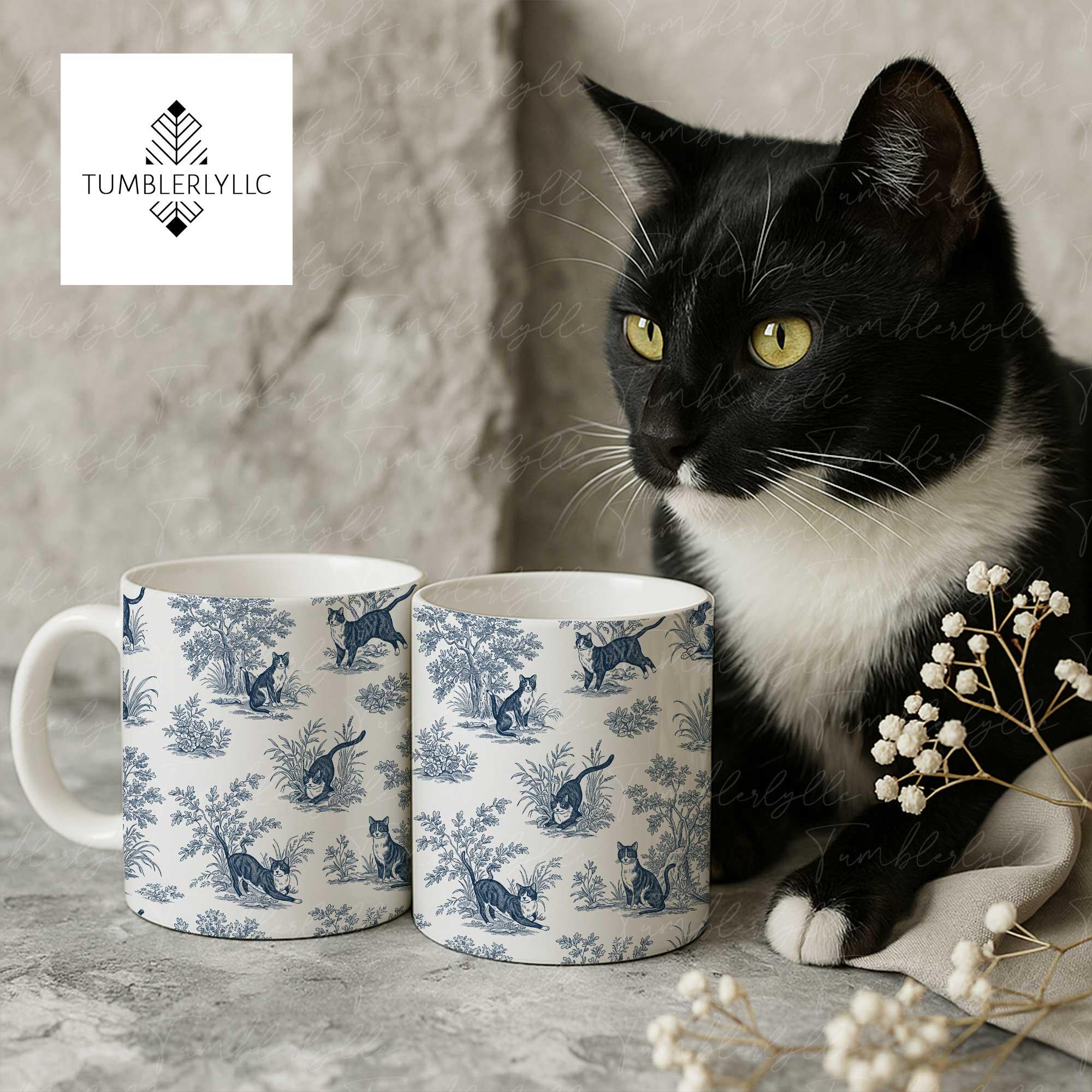 Tuxedo Cat Toile de Jouy Mug – Blue Toile Coffee Cup for Cat Mom, Tuxedo Cat Lover Gift, Elegant Pet Mug, Mother’s Day Gift