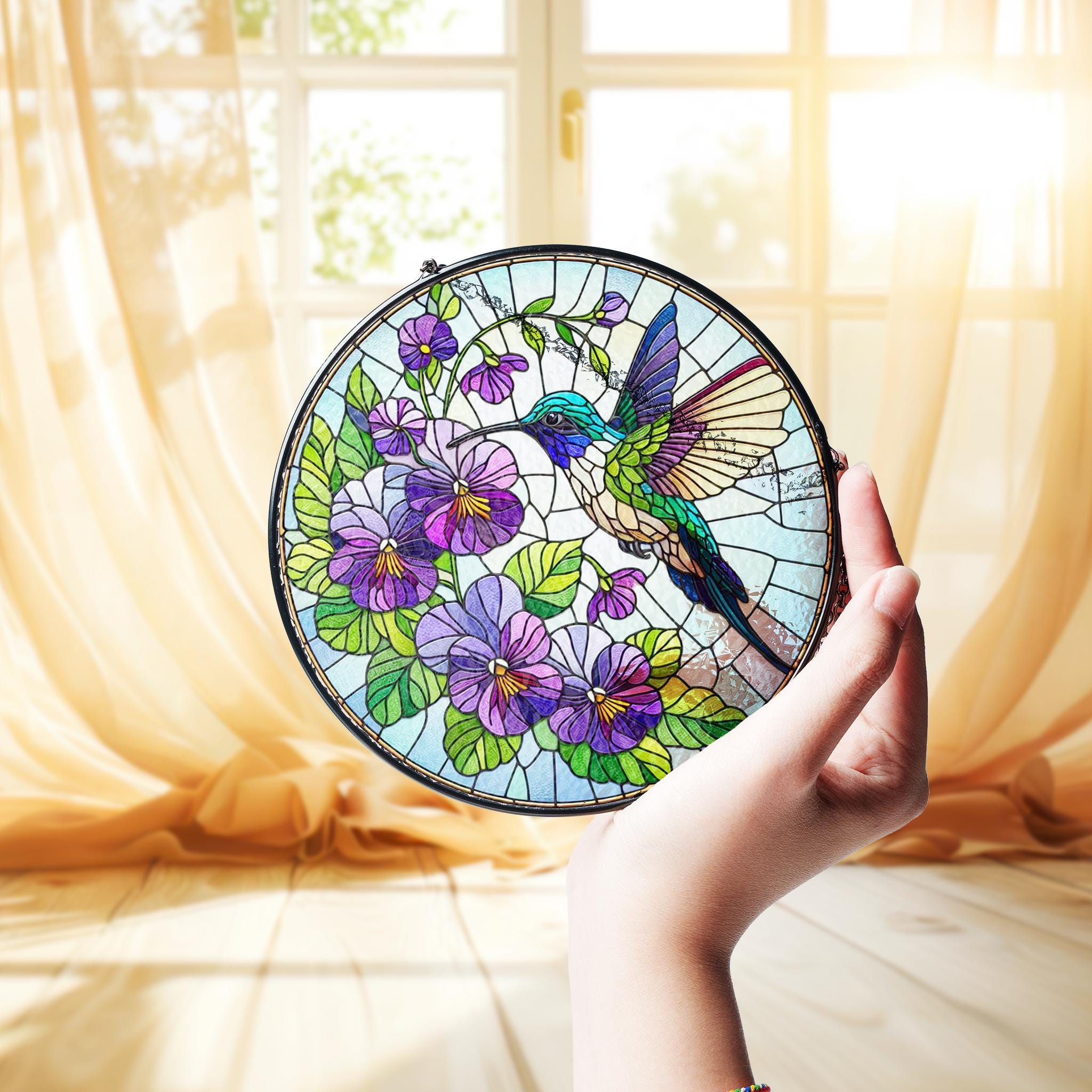 Violet and hummingbird GLASS Suncatcher, Nana Mom Birth month flower gift, Hummingbird suncatcher Mother's day gift 2025
