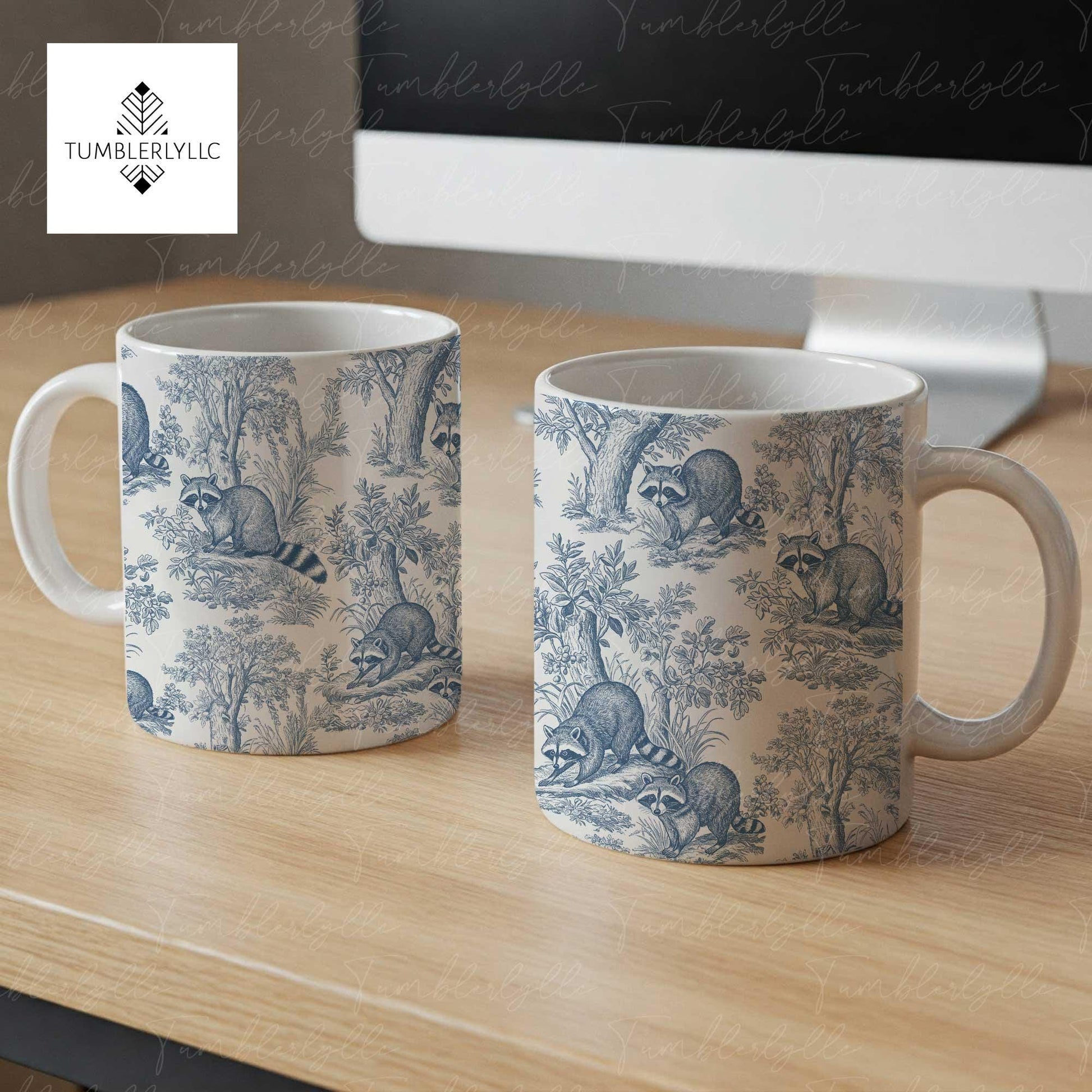 Raccoon Toile de Jouy Mug – Blue French Country Coffee Cup for Raccoon Lovers, Cottagecore Tea Gift, Wildlife Animal Drinkware