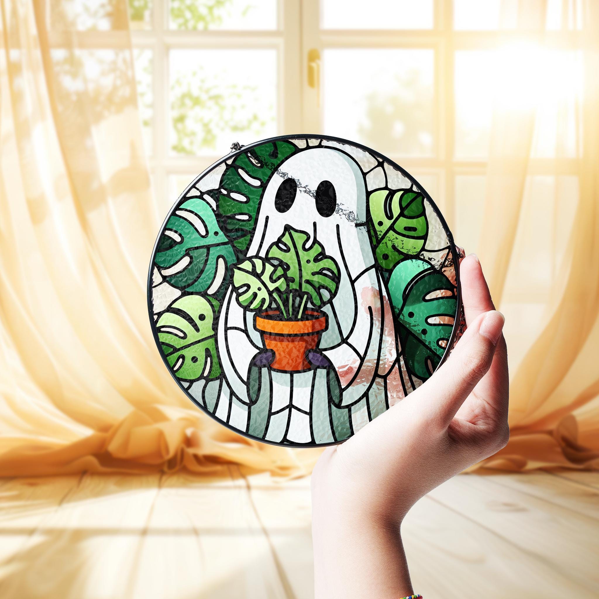 Monstera leaves and ghost glass suncatcher, whimsical home decor for plant lovers, perfect Mom of plant gift, unique gardening decor