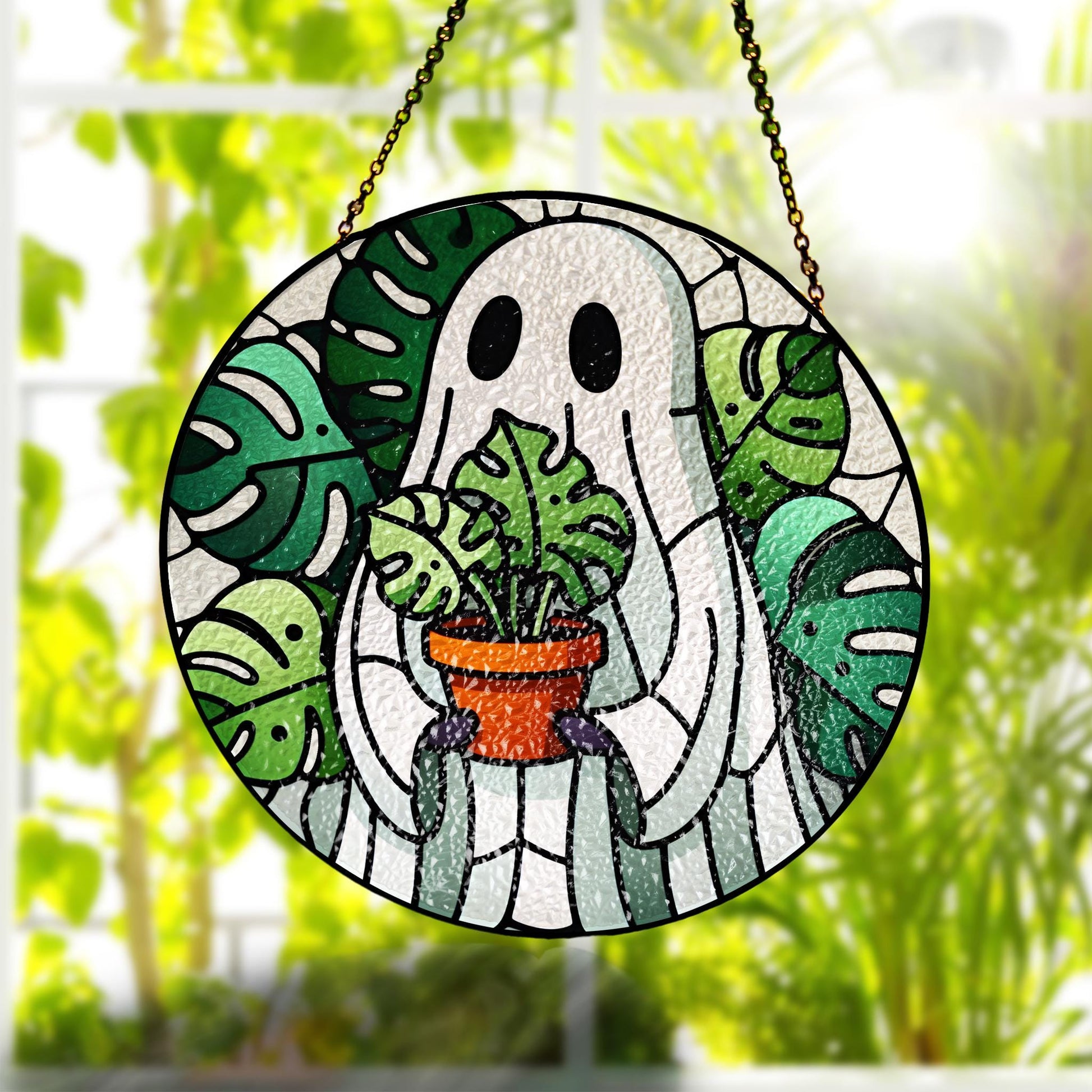 Monstera leaves and ghost glass suncatcher, whimsical home decor for plant lovers, perfect Mom of plant gift, unique gardening decor
