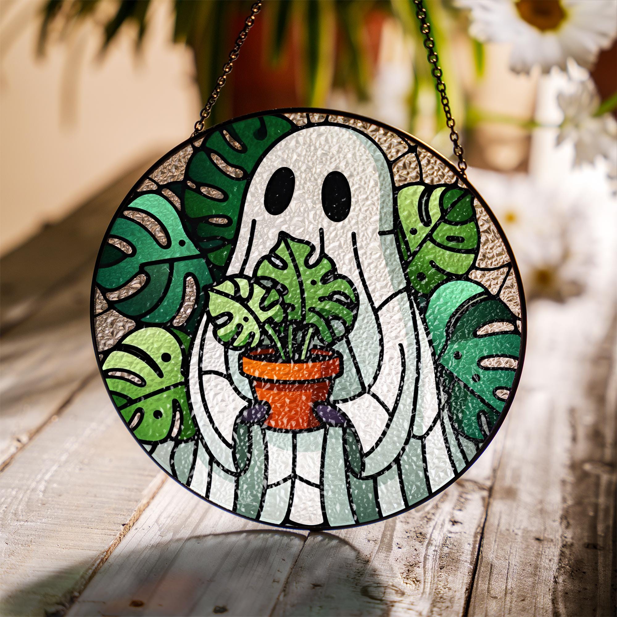 Monstera leaves and ghost glass suncatcher, whimsical home decor for plant lovers, perfect Mom of plant gift, unique gardening decor