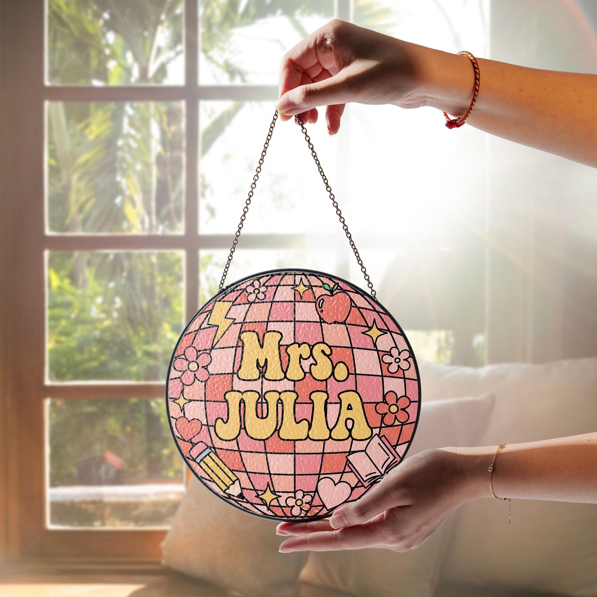 Custom Name Teacher Glass Suncatcher, Teacher Suncatcher, Gift for Teacher, Disco Ball Classroom Decor, Indoor Class