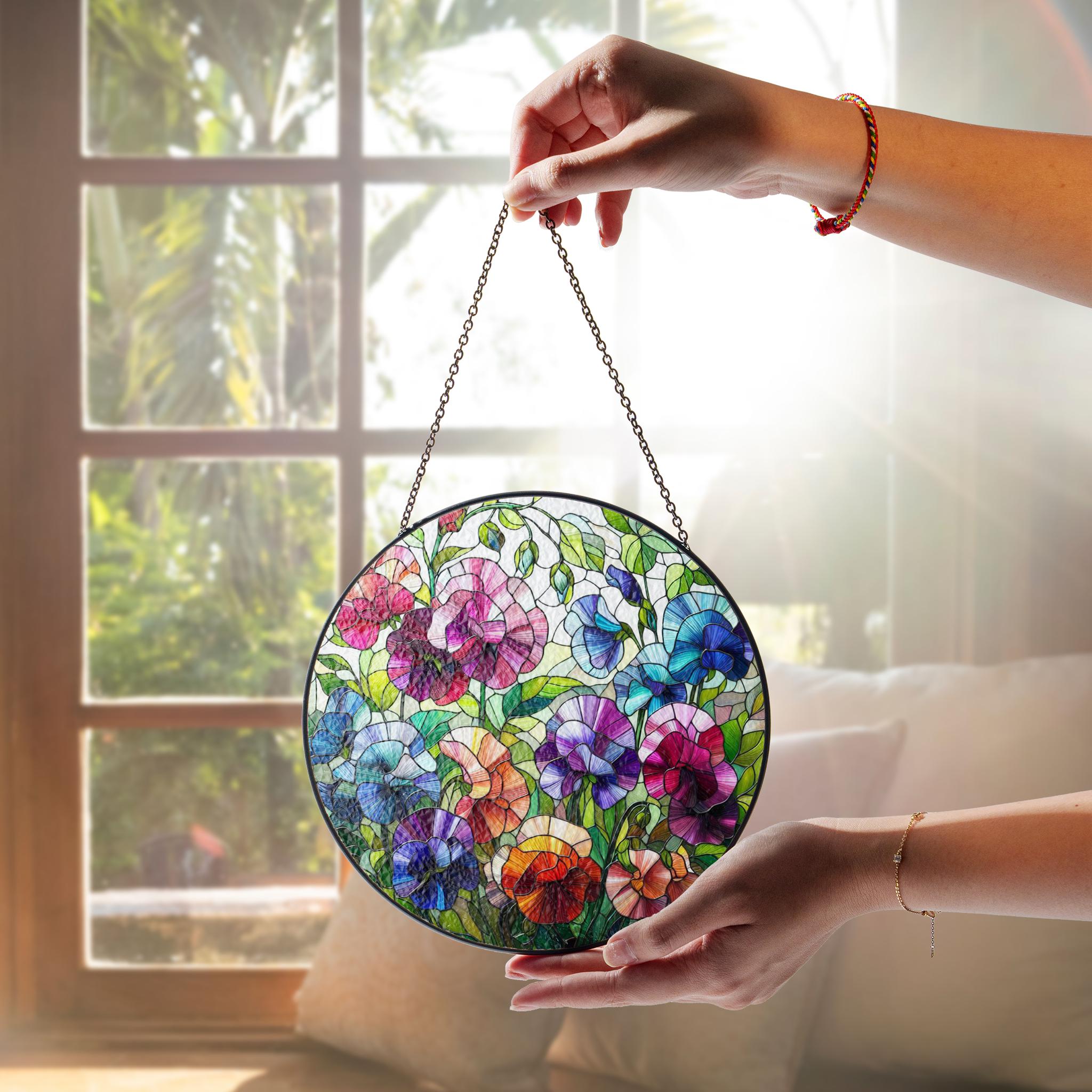 Sweet Pea April Vibrant Birth Month Suncatcher for Mothers Day Birthday Gift for Her Mom Wife Mother Grandmother Floral Glass Window Hanging