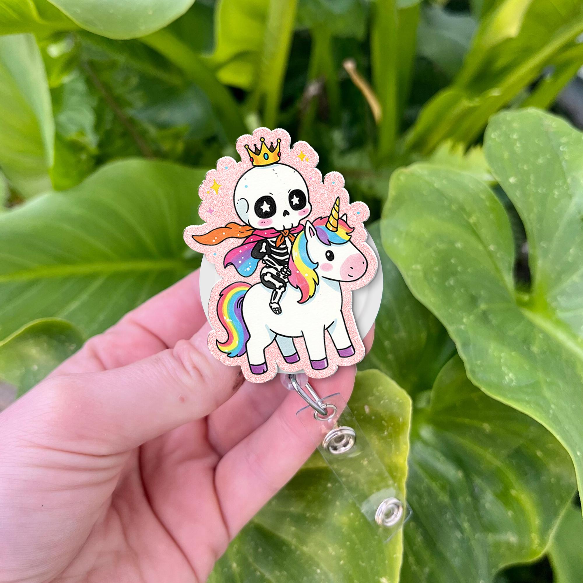 Cute Skeleton Riding Unicorn Badge Reel, Cute Badge, RN Id Holder, Gift For Nurse, Nurse Gift Idea, Funny Gift, Unique Gift, Working Lanyard