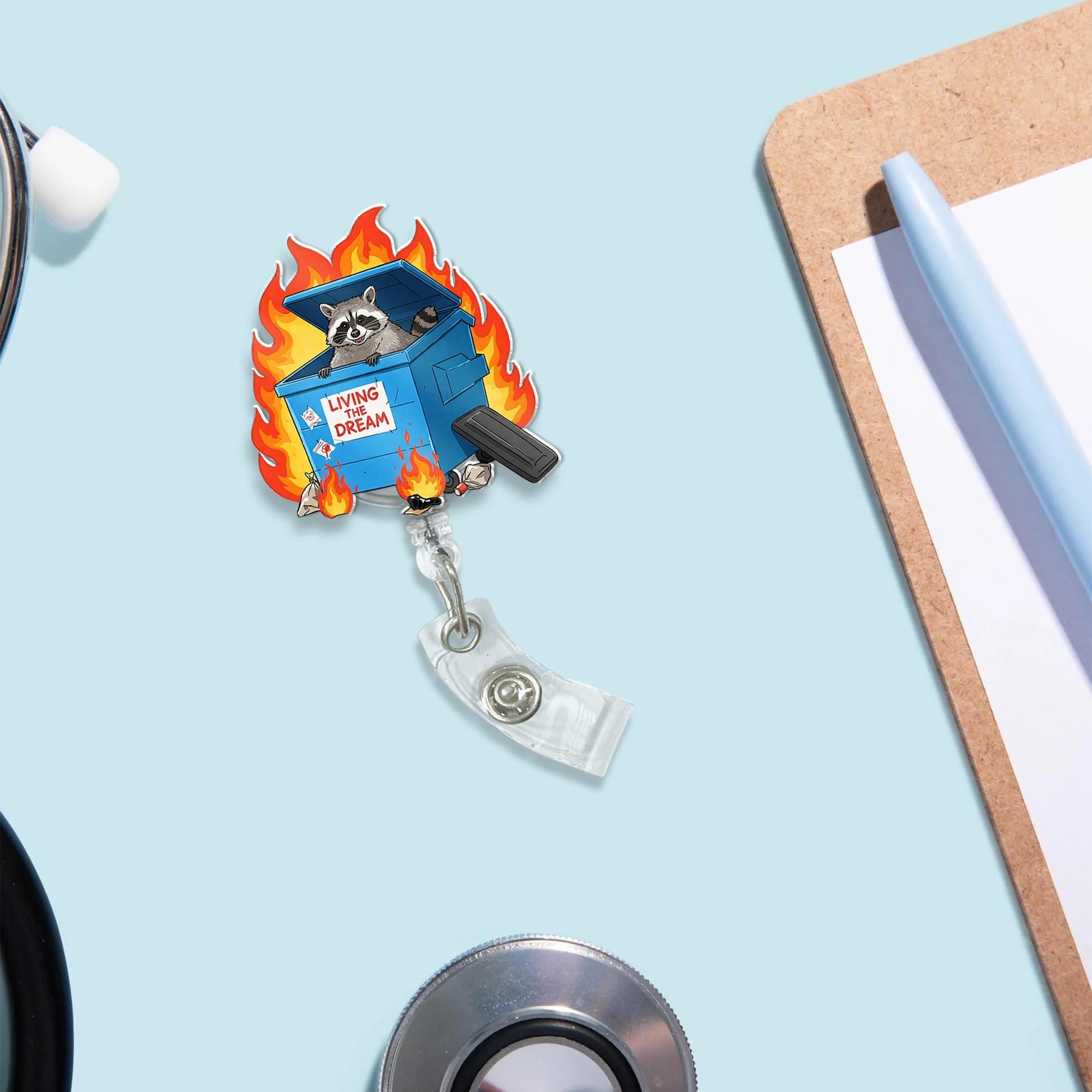 Living the dream badge reel, quirky raccoon nurse officer accessory, perfect office humor ID holder gift for coworkers, nurse accessories