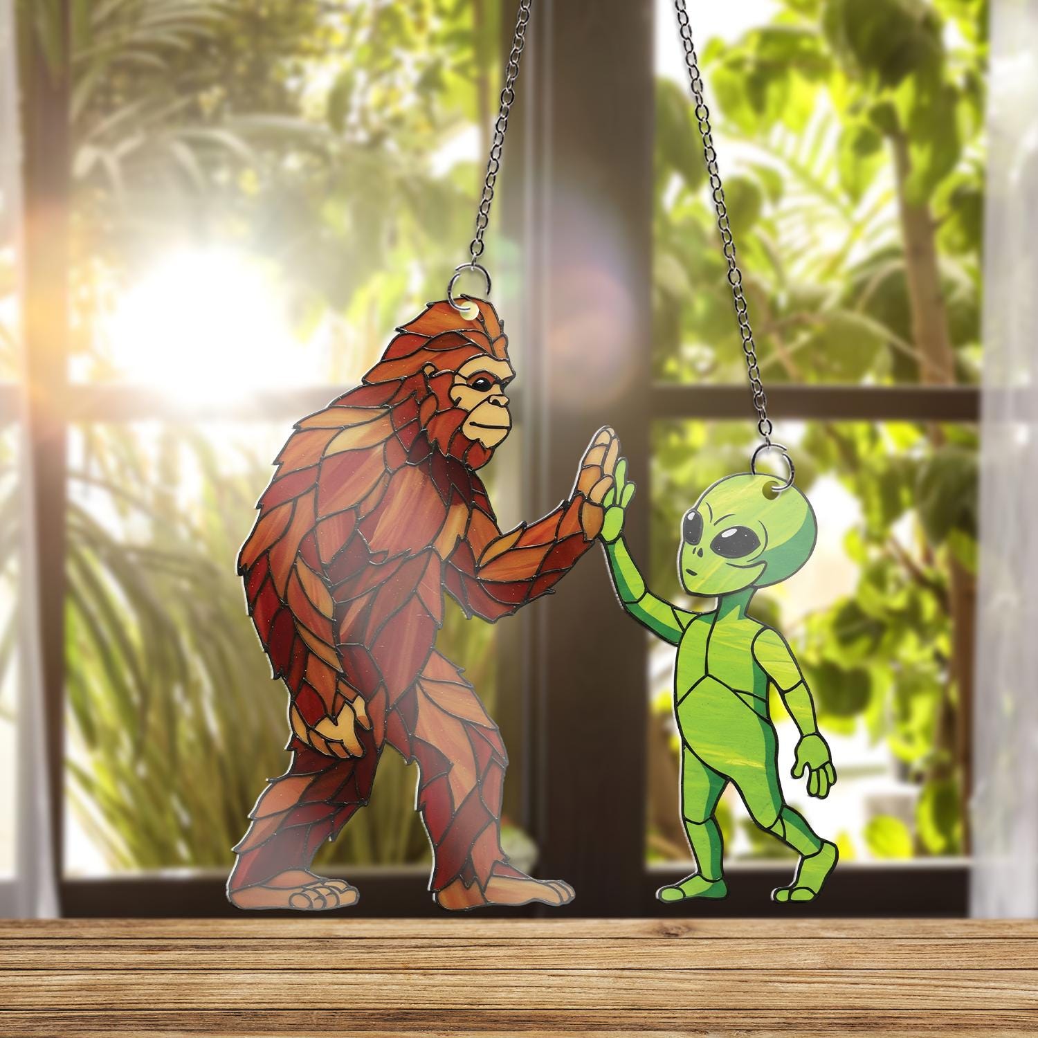 Bigfoot And Alien Highfive ACRYLIC Window Hanging, Whimsical Art Decor, Funny Sasquatch Decor, Alien Lover Gift, Unique Decor,Boyfriend Gift