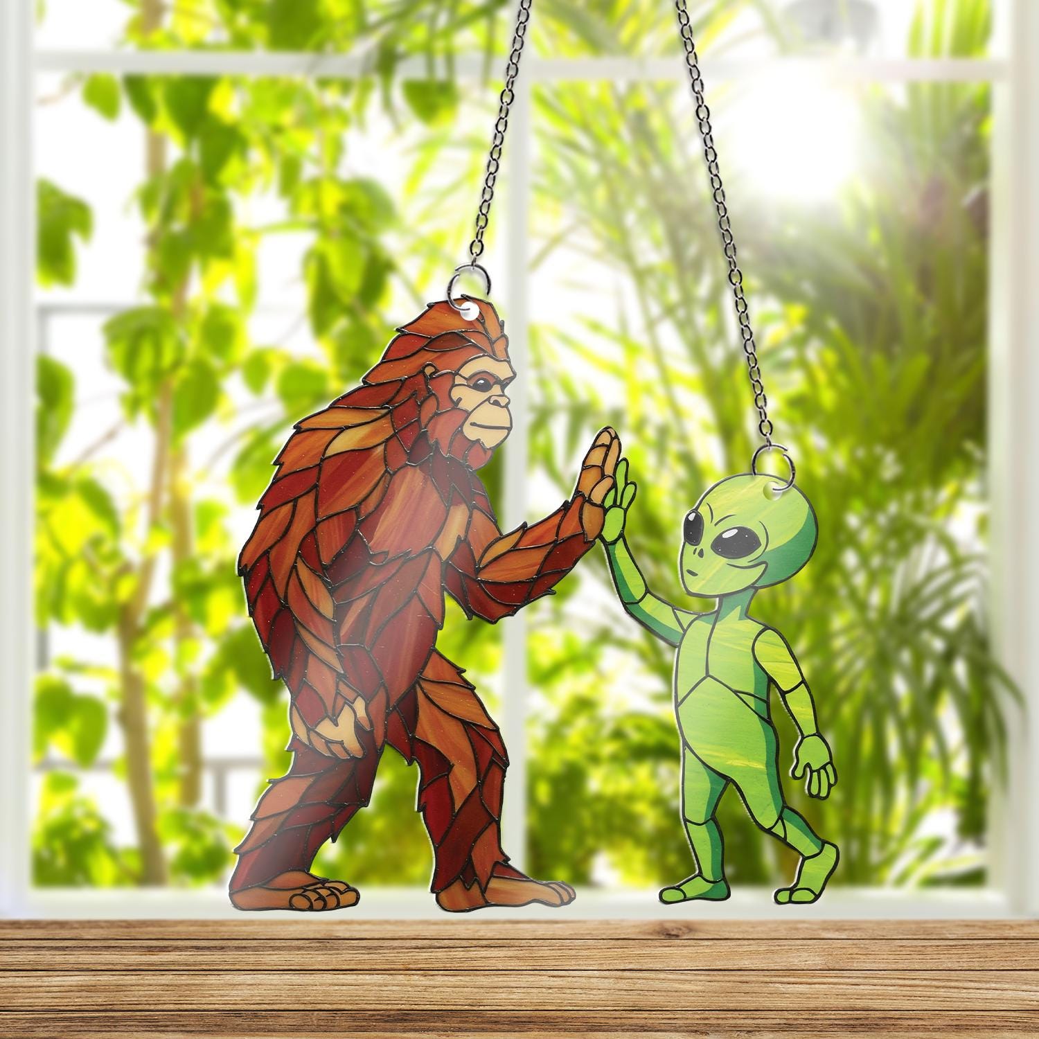 Bigfoot And Alien Highfive ACRYLIC Window Hanging, Whimsical Art Decor, Funny Sasquatch Decor, Alien Lover Gift, Unique Decor,Boyfriend Gift