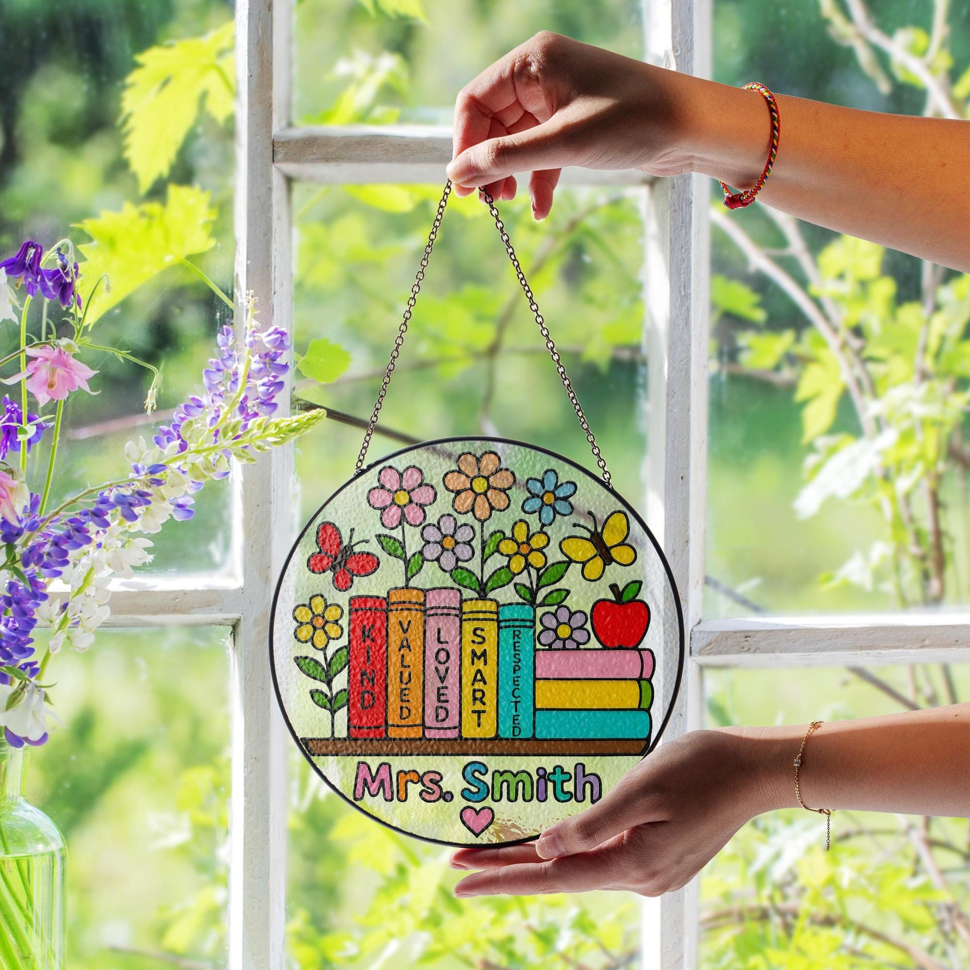 Personalized Teacher Gift Custom Glass Suncatcher – Appreciation Gift for Teacher with Name Design, Thank you gift for her