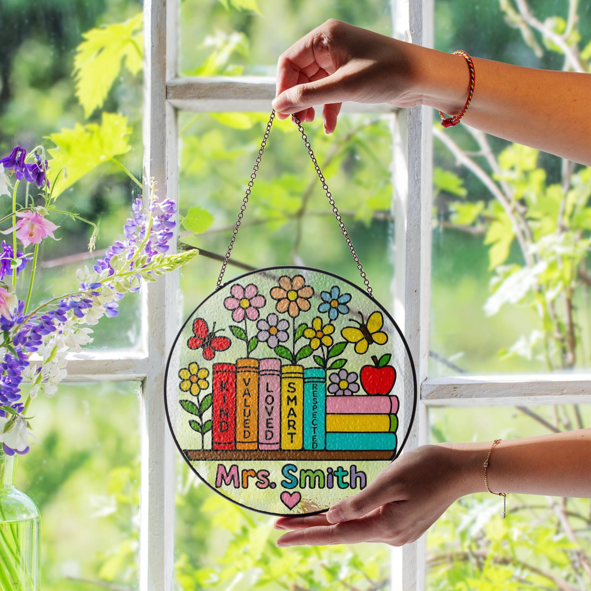 Personalized Teacher Gift Custom Glass Suncatcher – Appreciation Gift for Teacher with Name Design, Thank you gift for her