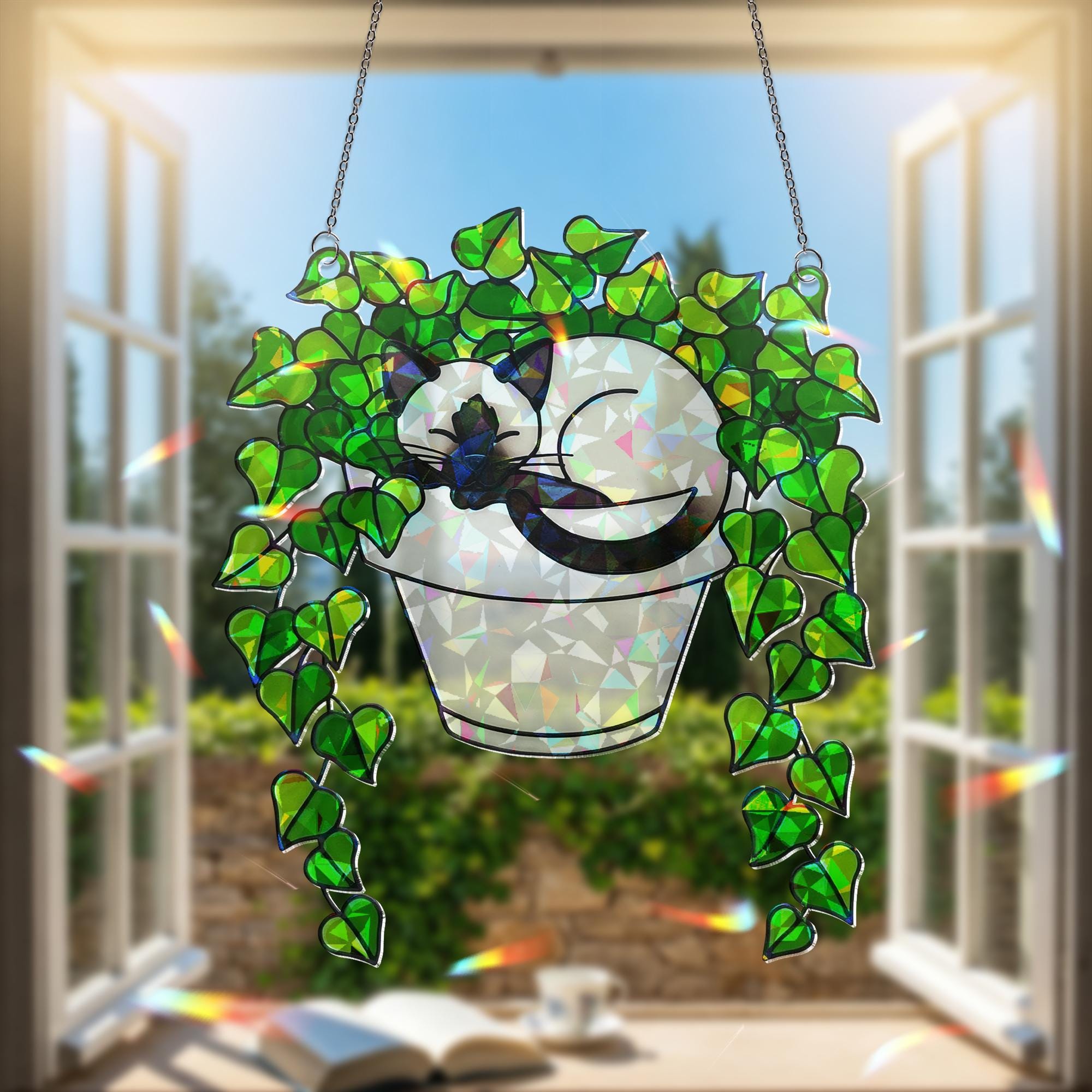 Holographic Siamese Cat in Ivy Plant Suncatcher, Acrylic Window Hanging, Cat Lover Gift, Mother's Day Home Decor, Siamese Lovers Spring Gift