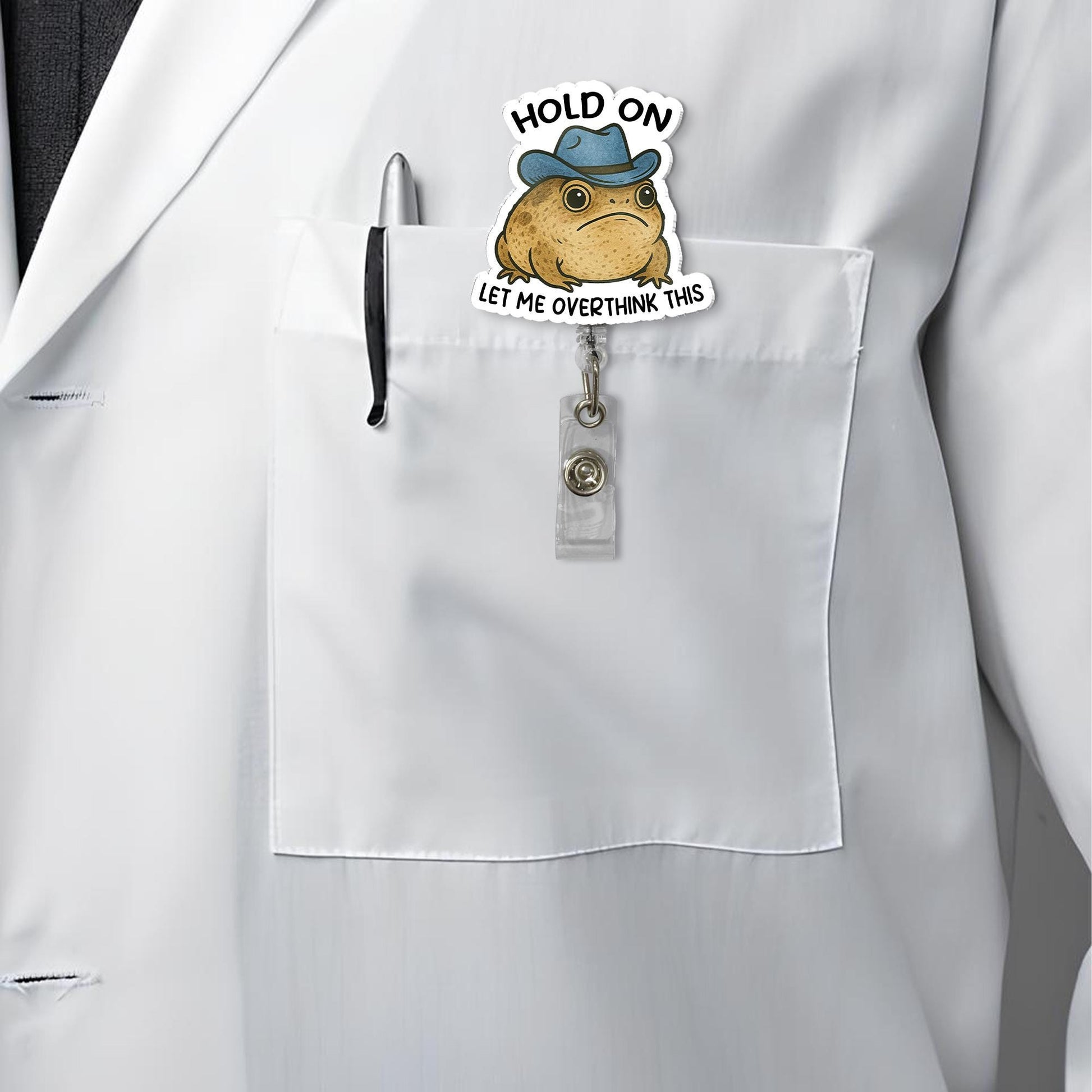 Funny Rain Frog Badge Reel, Hold On Let Me Overthink This, Cute Nurse Badge Holder, Cowboy Hat Frog Gift, Quirky Office ID Clip