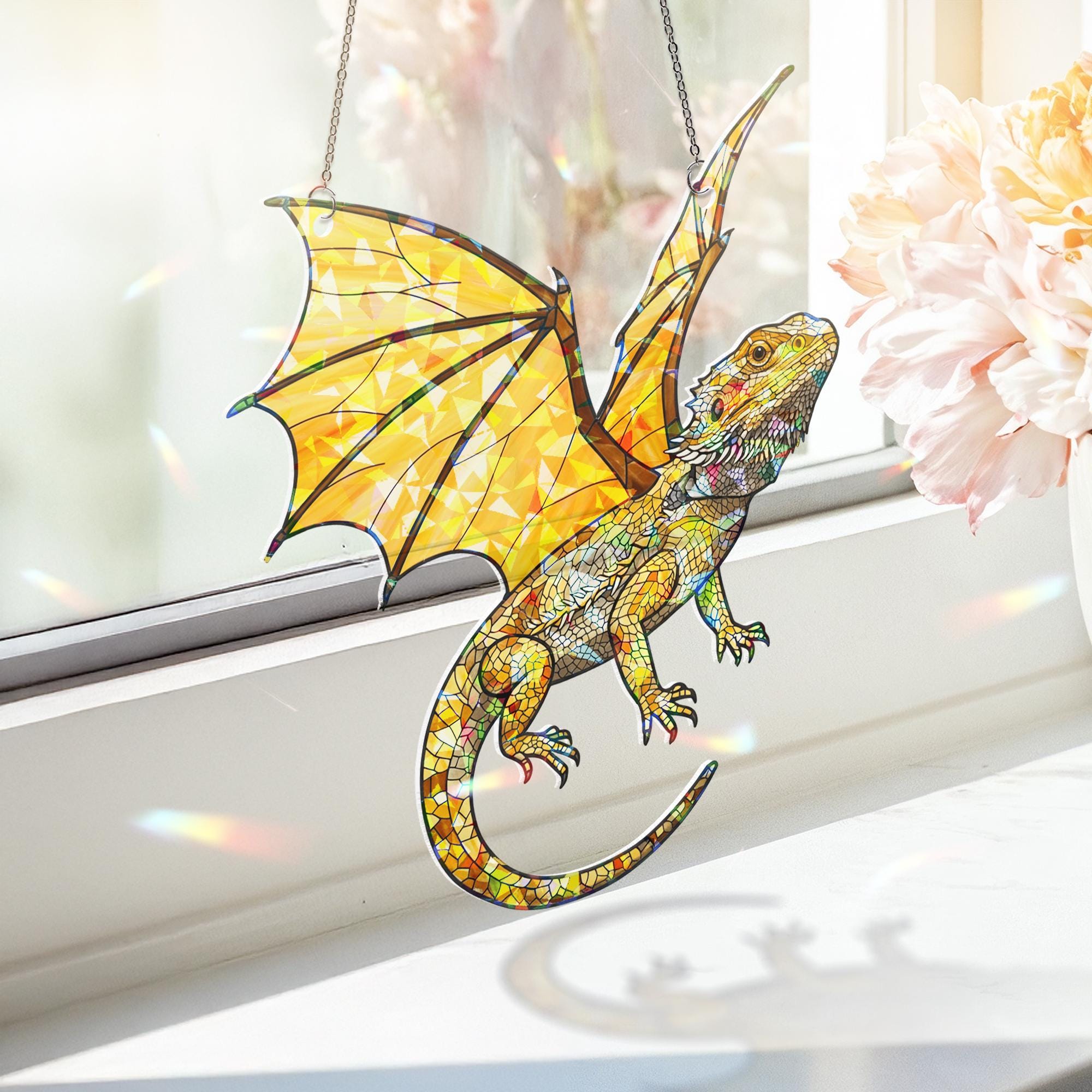 Bearded Dragon with Wings Window Hanging, Holographic Acrylic Suncatcher, Fantasy Lizard Decor, Dragon Reptile Gift, Bearded Dragon Lover