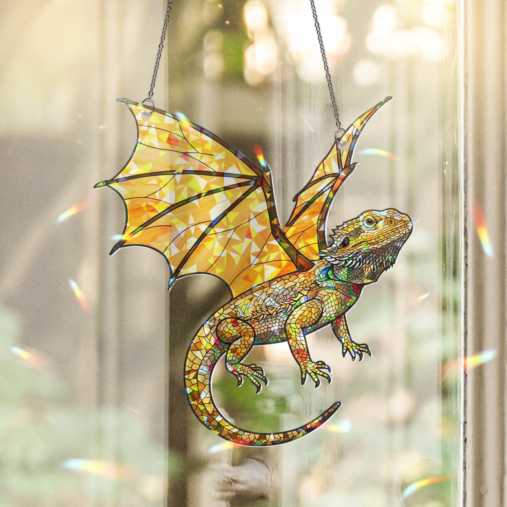 Bearded Dragon with Wings Window Hanging, Holographic Acrylic Suncatcher, Fantasy Lizard Decor, Dragon Reptile Gift, Bearded Dragon Lover