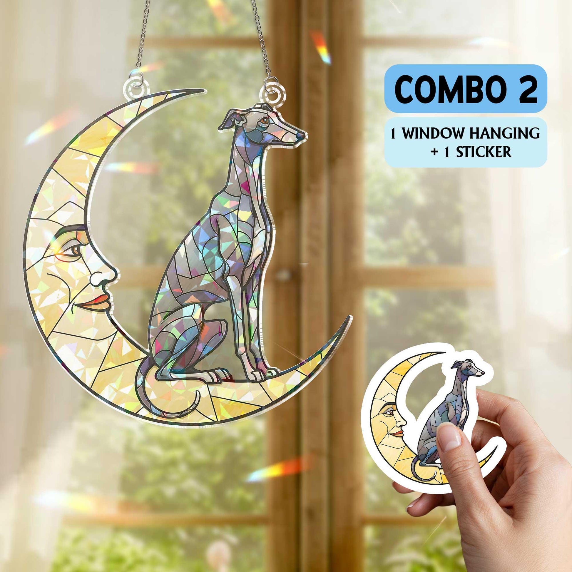 Greyhound on crescent moon Hologram Acrylic Window hanging, Handcrafted greyhound Decor,  , suncatcher ornament