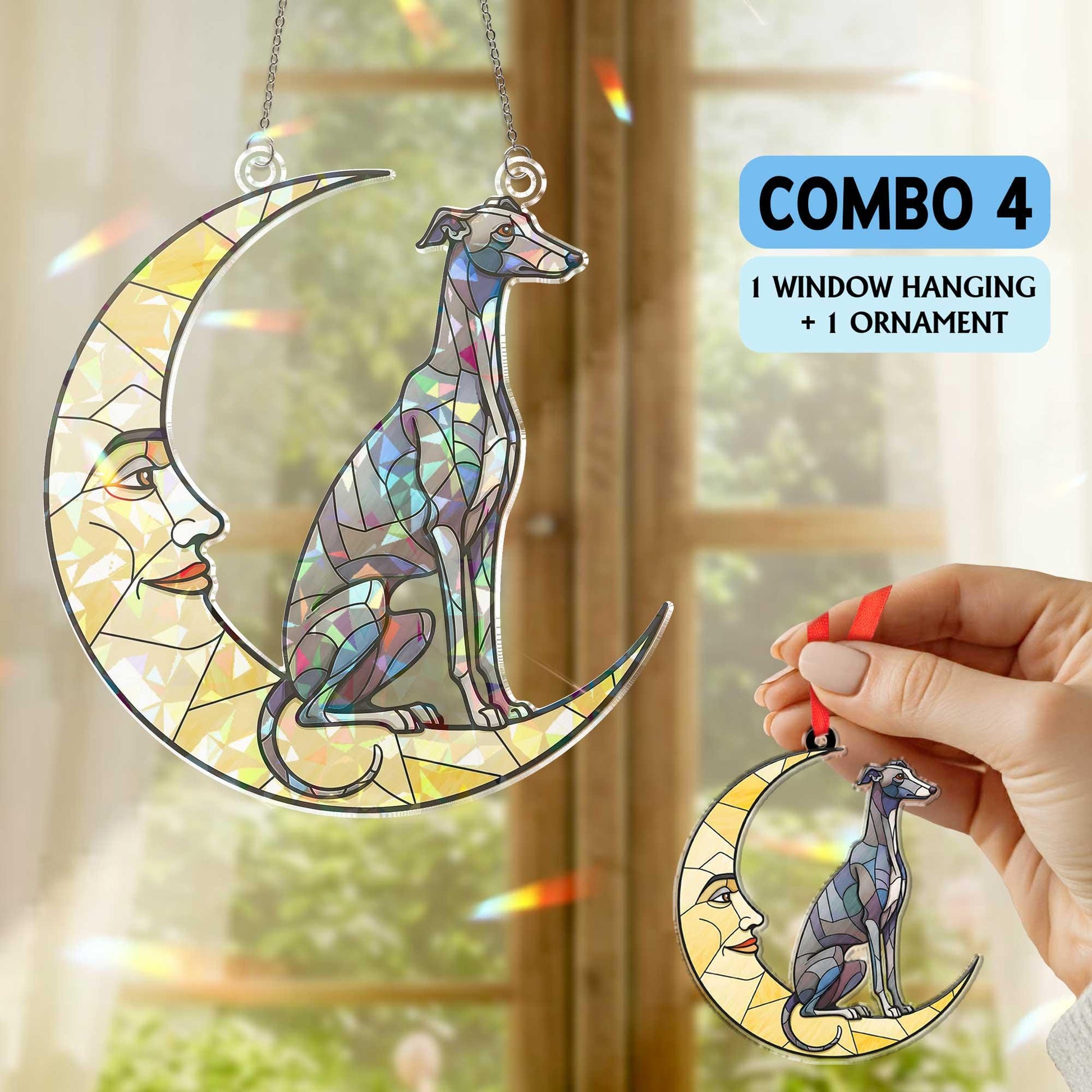 Greyhound on crescent moon Hologram Acrylic Window hanging, Handcrafted greyhound Decor,  , suncatcher ornament