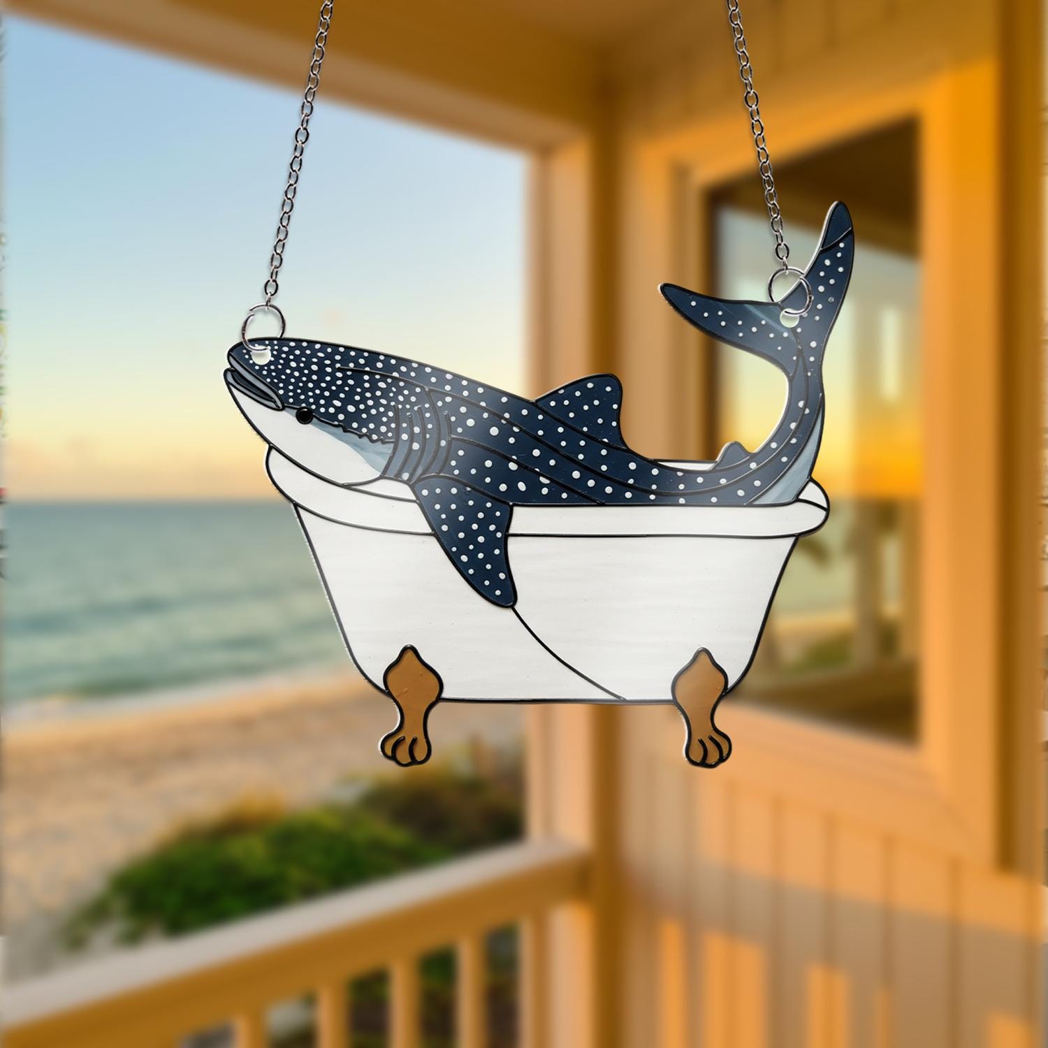Whale Shark in Bathtub Acrylic Window Hanging, Funny Sea Decor, Ocean Animal Suncatcher, Quirky Bathroom Gift, Marine Art, Bathroom Decor