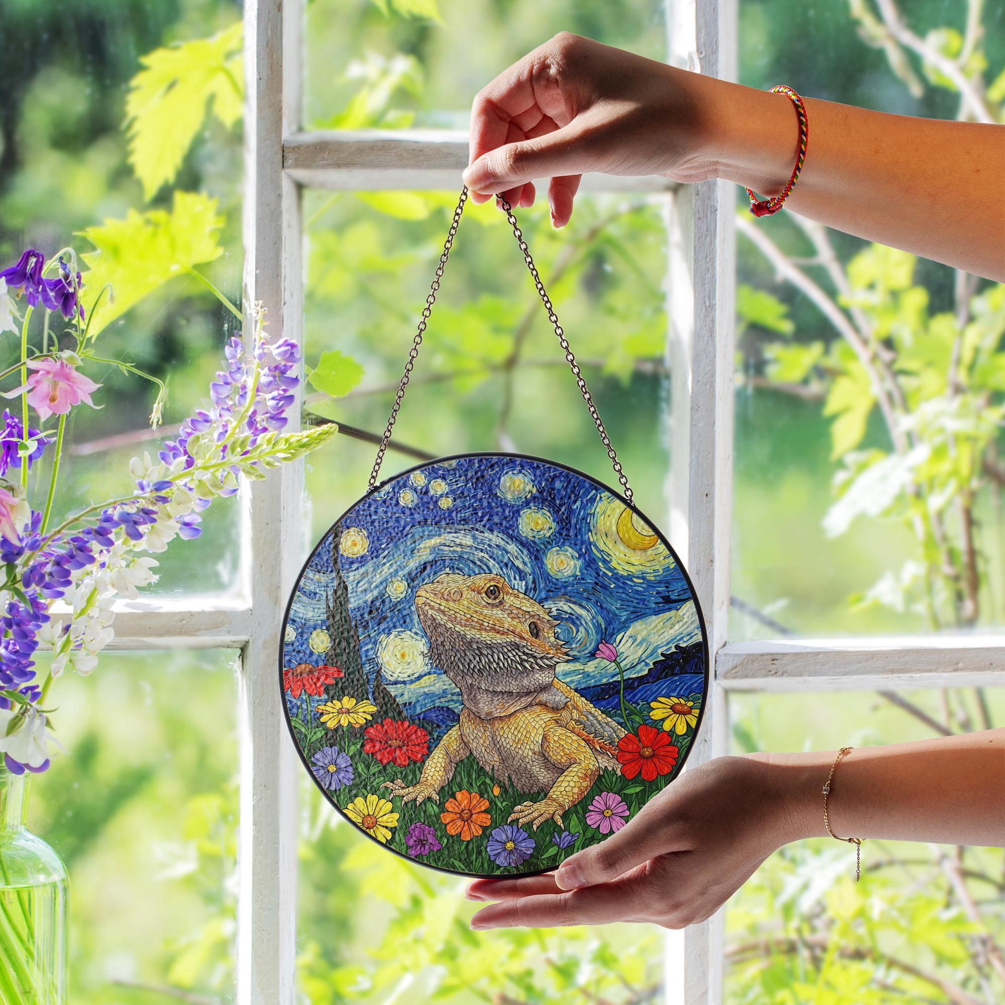 Bearded Dragon Glass Gift for Mom – Unique Lizard Window Hanging for Reptile Lover – Mother’s Day Pet Owner Gift for Her