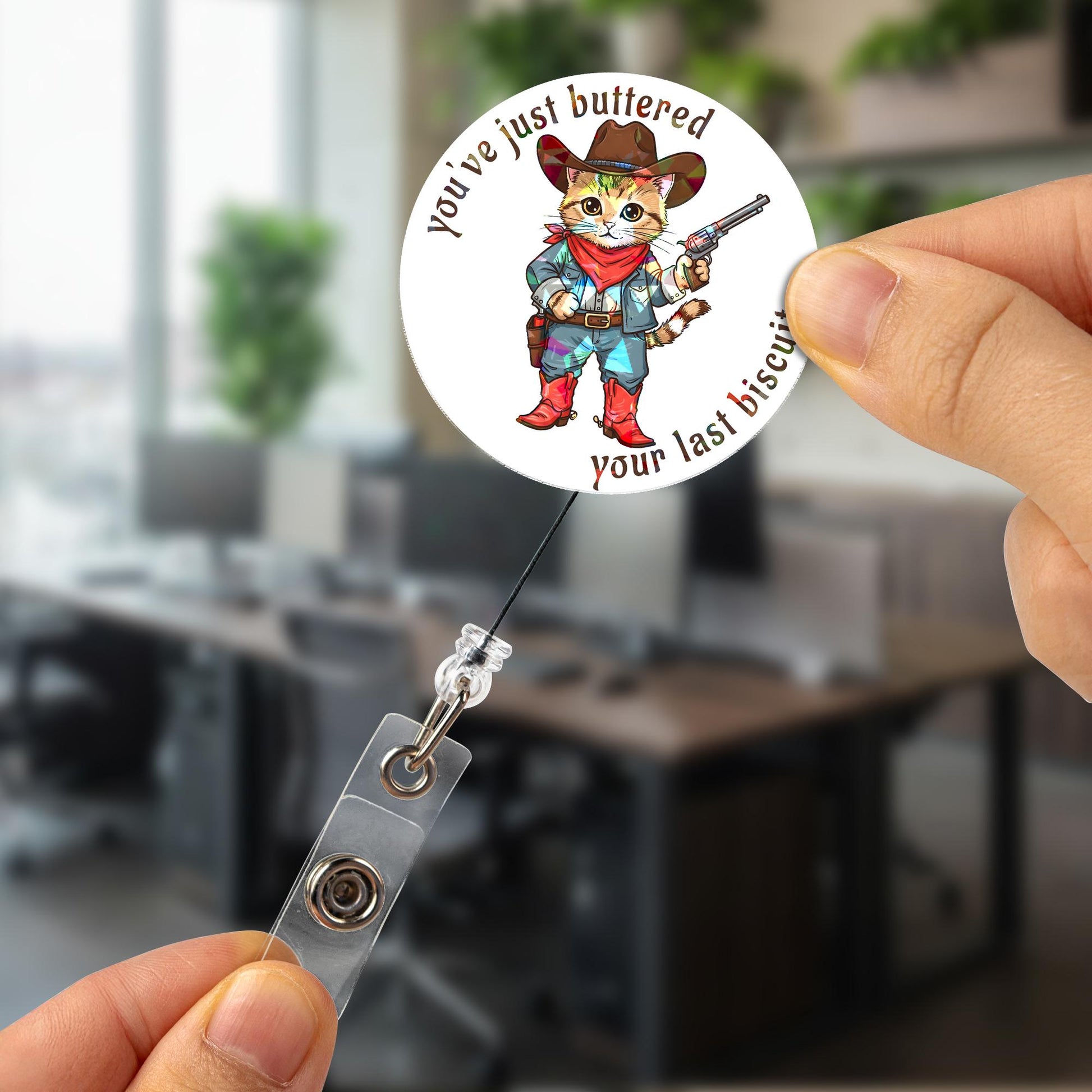 Holographic Cowboy Cat Badge Reel, Funny Buttered Biscuit Quote Retractable ID Holder, Gift for Nurse Teacher Office Pet Lover Cute Kitty