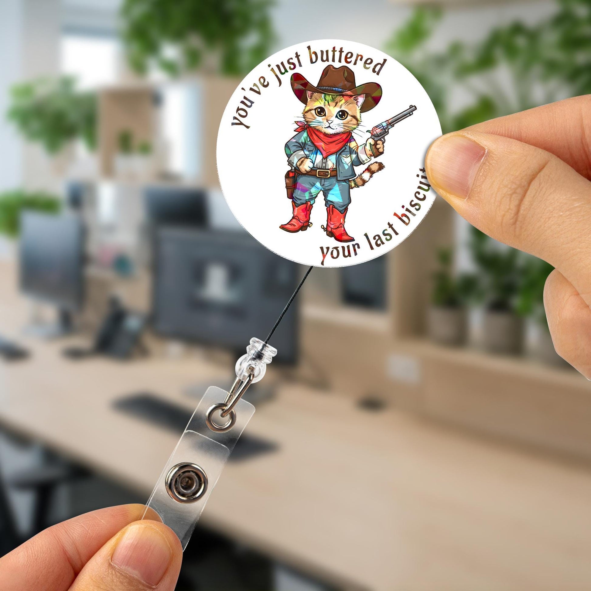Holographic Cowboy Cat Badge Reel, Funny Buttered Biscuit Quote Retractable ID Holder, Gift for Nurse Teacher Office Pet Lover Cute Kitty