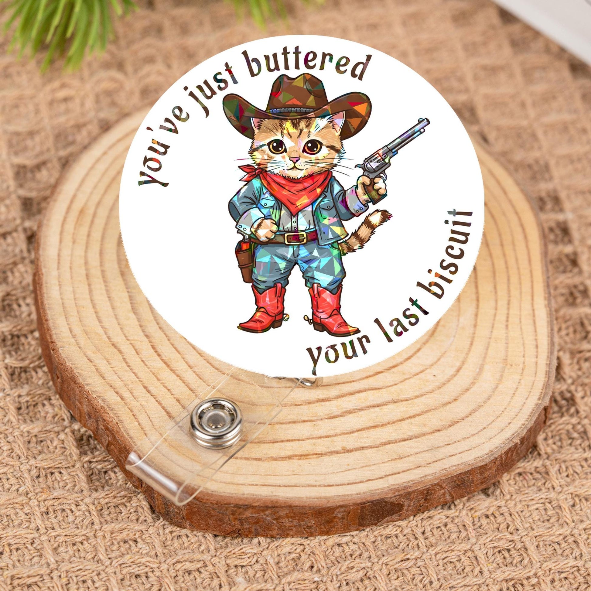 Holographic Cowboy Cat Badge Reel, Funny Buttered Biscuit Quote Retractable ID Holder, Gift for Nurse Teacher Office Pet Lover Cute Kitty