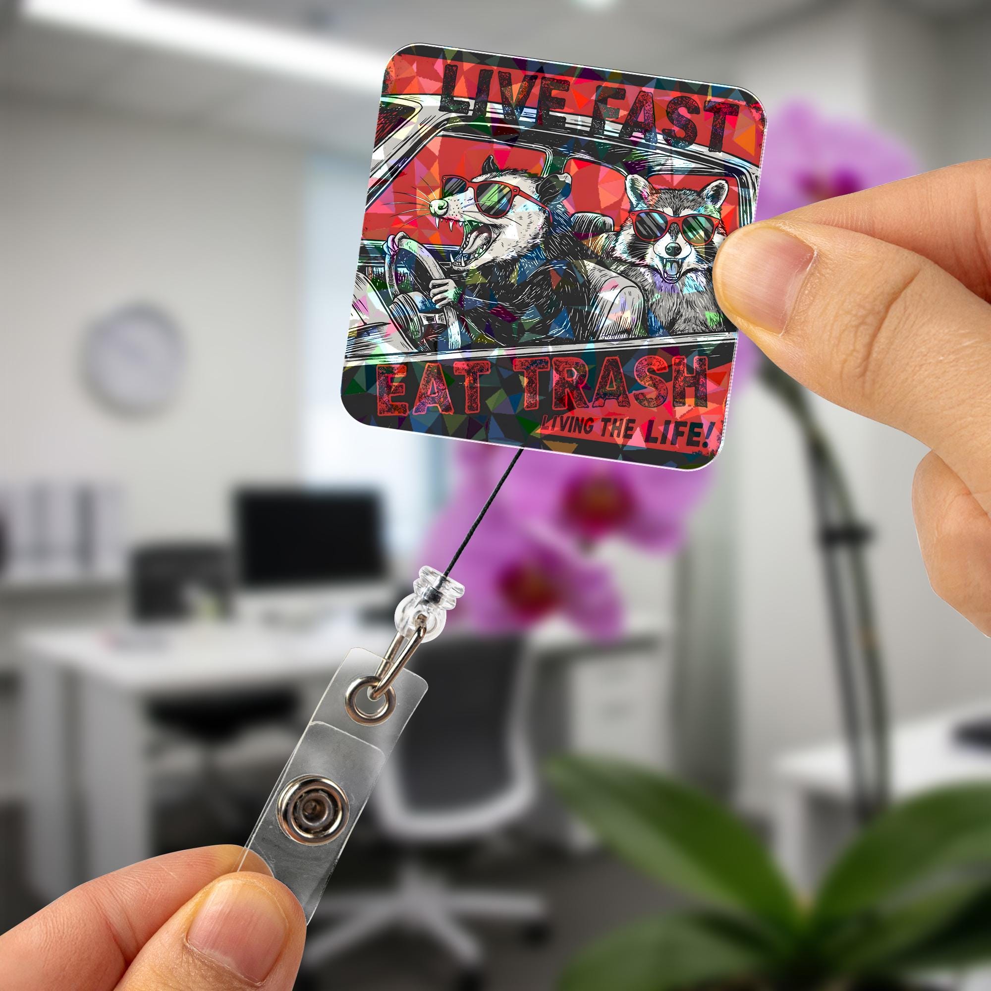Live Fast Eat Trash Badge Reel, Funny Raccoon Opossum Holo Retractable ID Holder, Trash Panda Possum Gift for Nurse Teacher Vet Tech Office