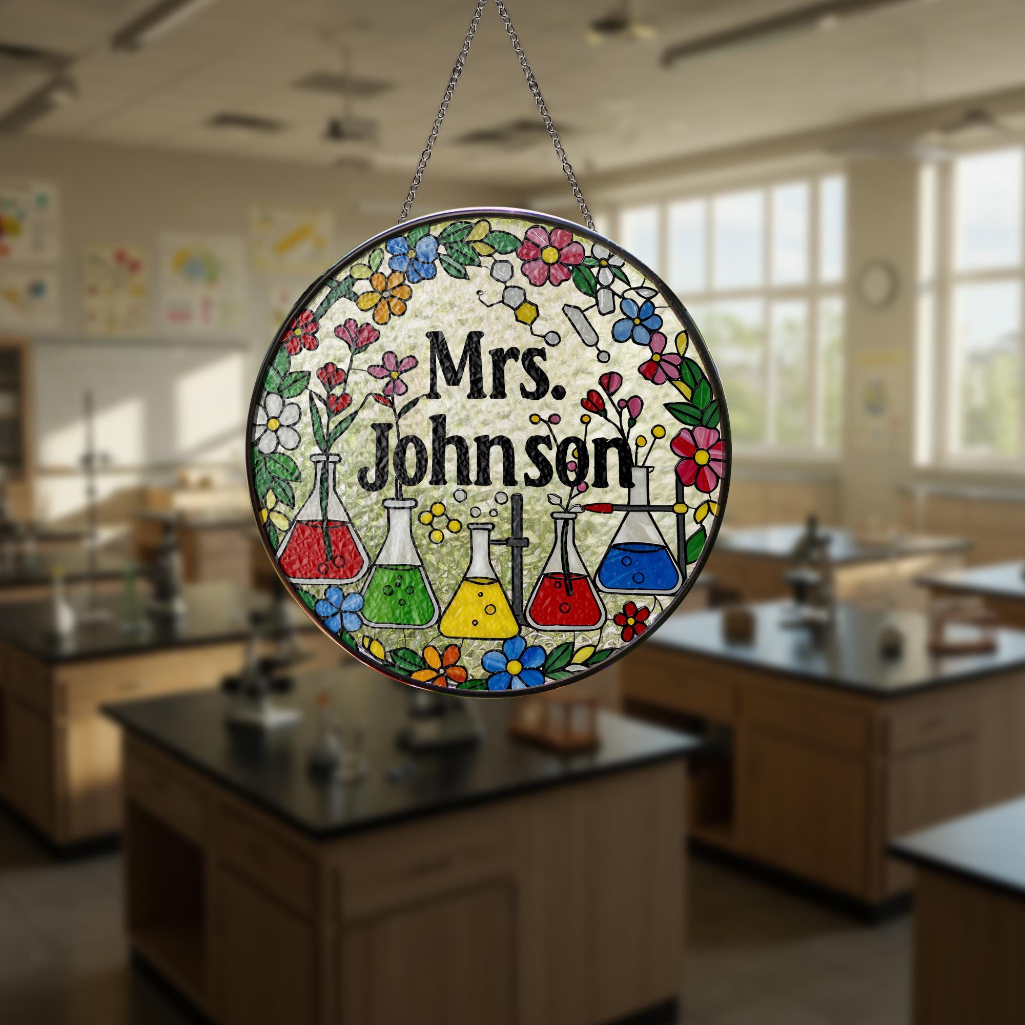 Science Teacher Glass Suncatcher, Custom Name Gift, Chemistry Classroom Decor,Teacher Appreciation Gift,End of Year Present,Gift For Teacher