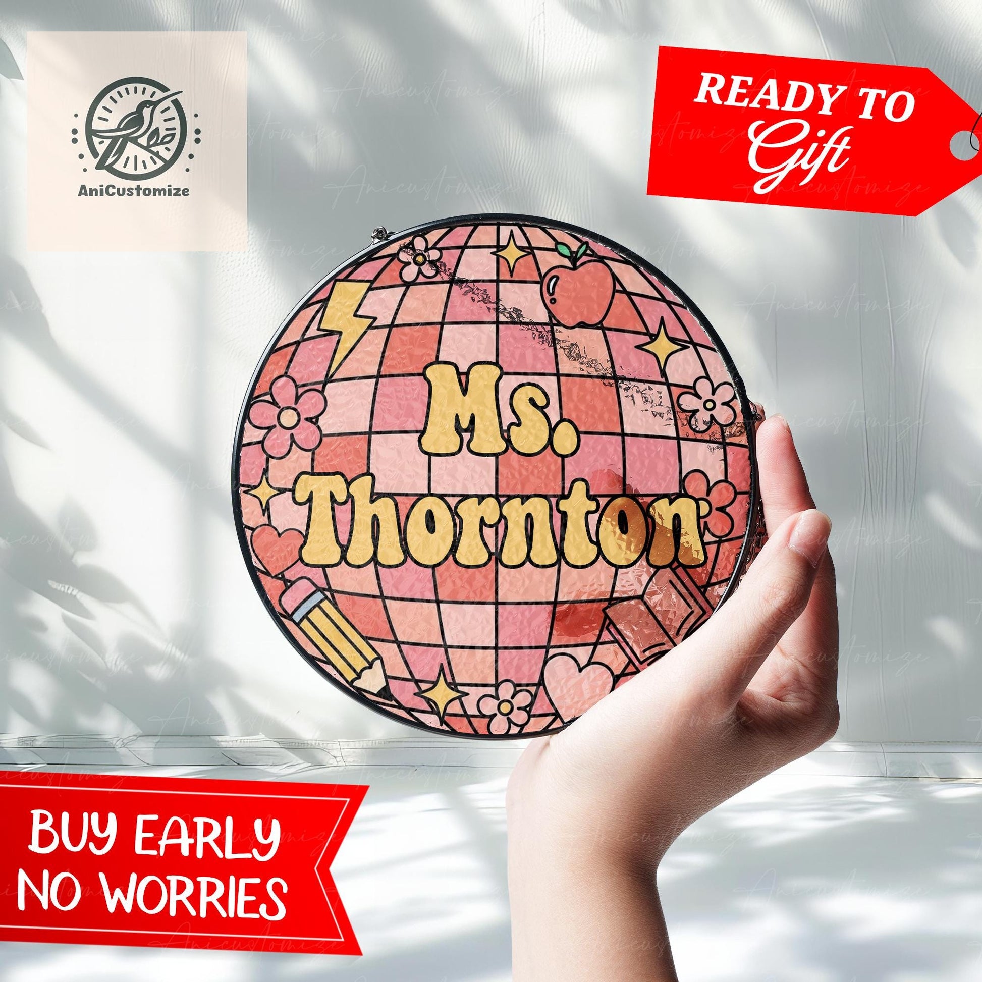 Custom Name Teacher Glass Suncatcher, Teacher Suncatcher, Gift for Teacher, Disco Ball Classroom Decor, Indoor Class