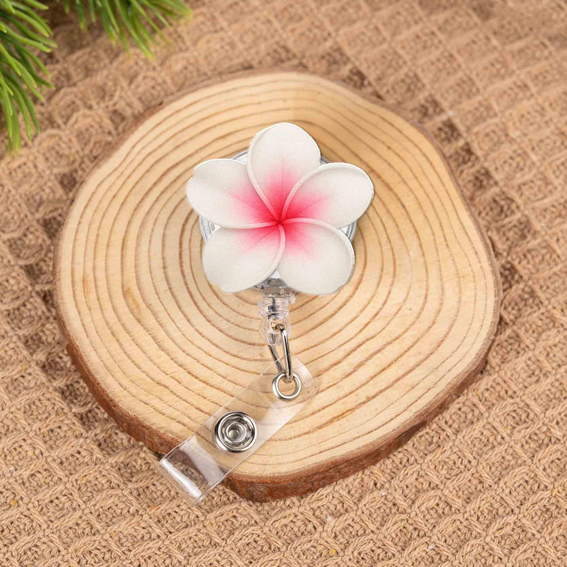 Custom Plumeria Flower ID Badge Reel – Personalized Name Tag Holder for Nurses, Teachers, Office Staff, Plumeria Badge Reel