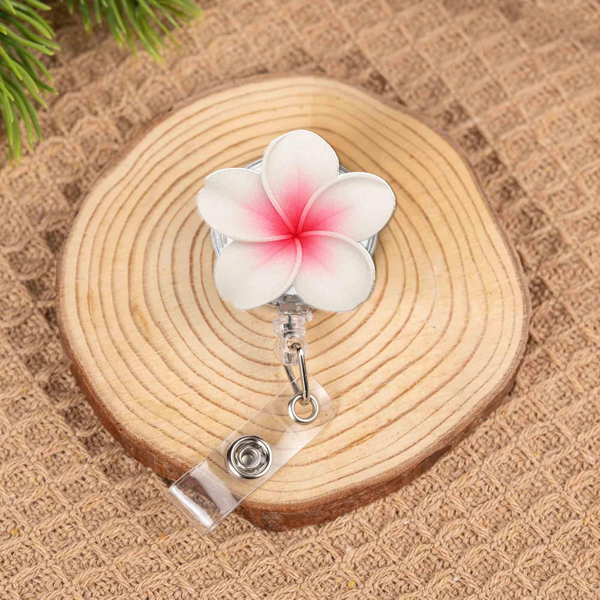 Custom Plumeria Flower ID Badge Reel – Personalized Name Tag Holder for Nurses, Teachers, Office Staff, Plumeria Badge Reel